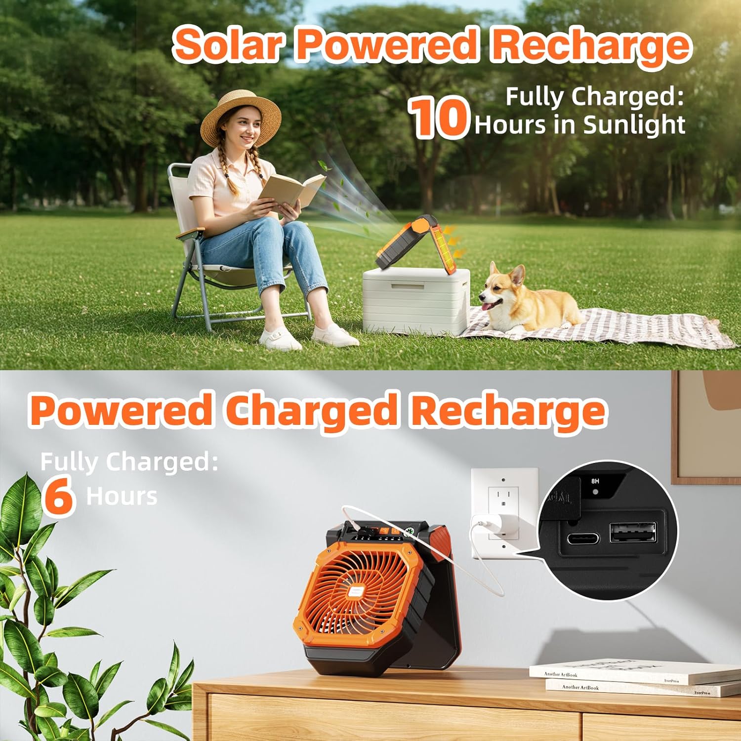 Solar Powered Fan with Solar Panel, 7800mAh Portable Rechargeable Fan, 4 Speeds, Timer, 3 Light Modes, Ultra Quiet, USB-C, for Outdoor Indoor Use, Tent, Fishing, Orange