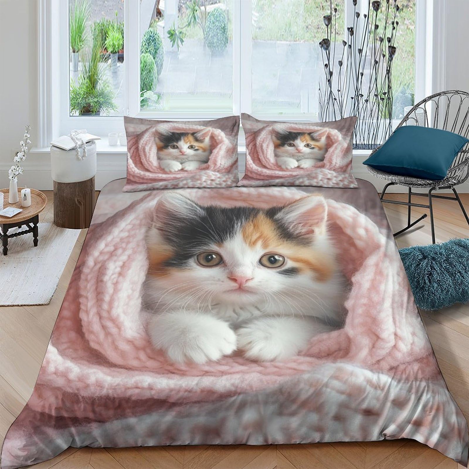 Ctjqhvkz Style-8 3D Printed Calico Cat Fitted Sheet Microfiber Pink Blanket Bed Cover For Bedroom Guest Room Easy Care Decor Single（135X200cm）