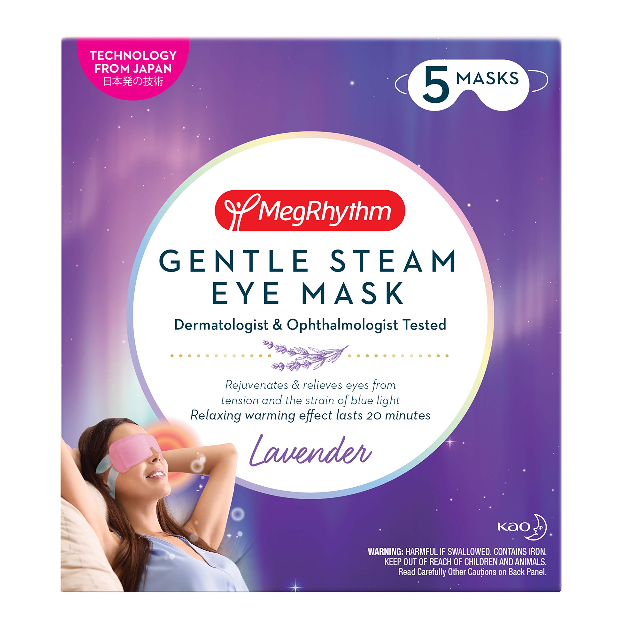 MegRhythmby Kao Gentle Steam Eye Mask, Lavender, Rejuvenates Eyes, Reduces the look of puffy eyes, Dermatologist and Ophthalmologist Tested, 5 Count