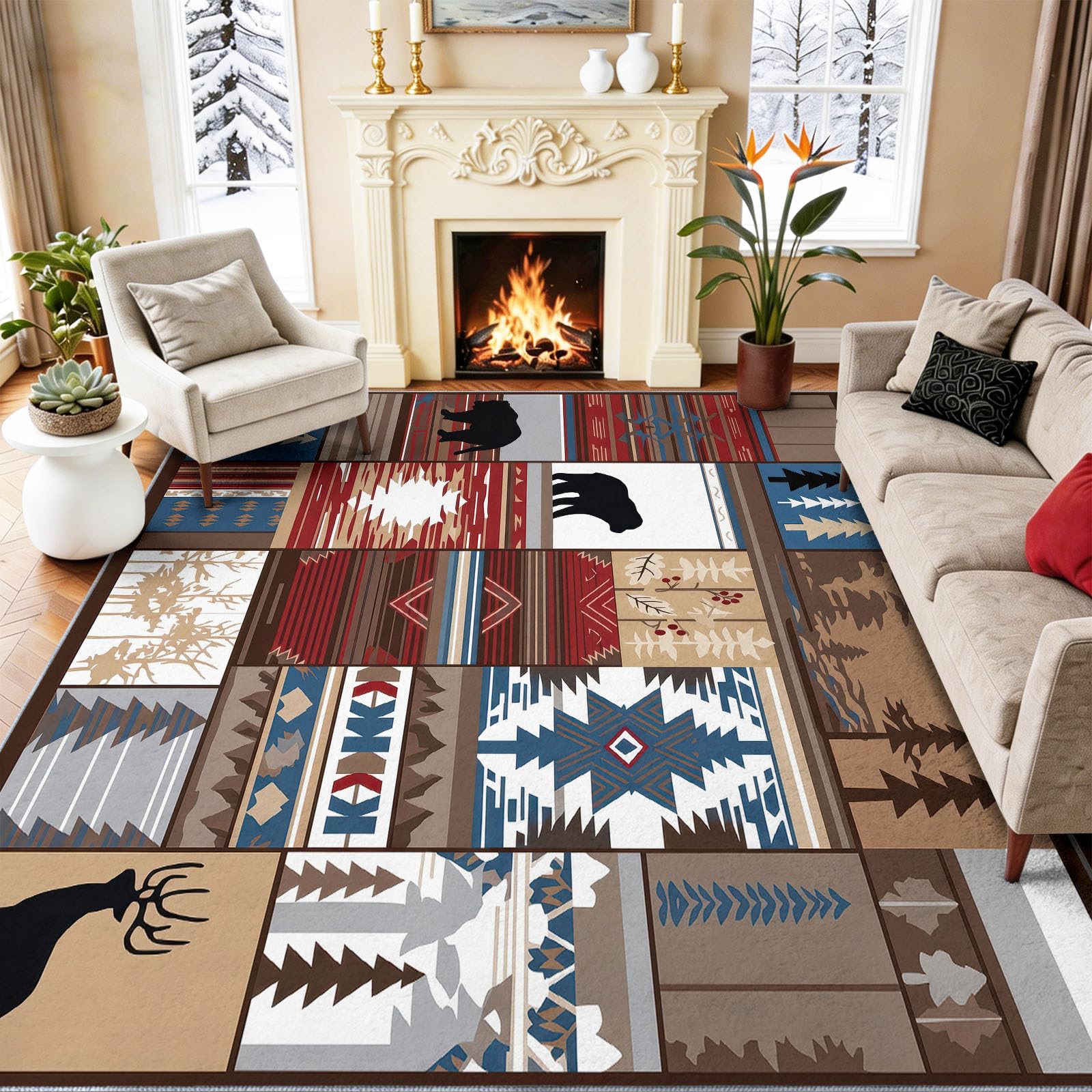 Tapis Rétro Traditionnel 160 x 230 cm Lavable | Poil Court Antidérapant, Tapis Facile d'entretien Géométriques Totems Tribaux Silhouettes Animales, Choix pour Chambre d'amis Salon et Salle à Manger