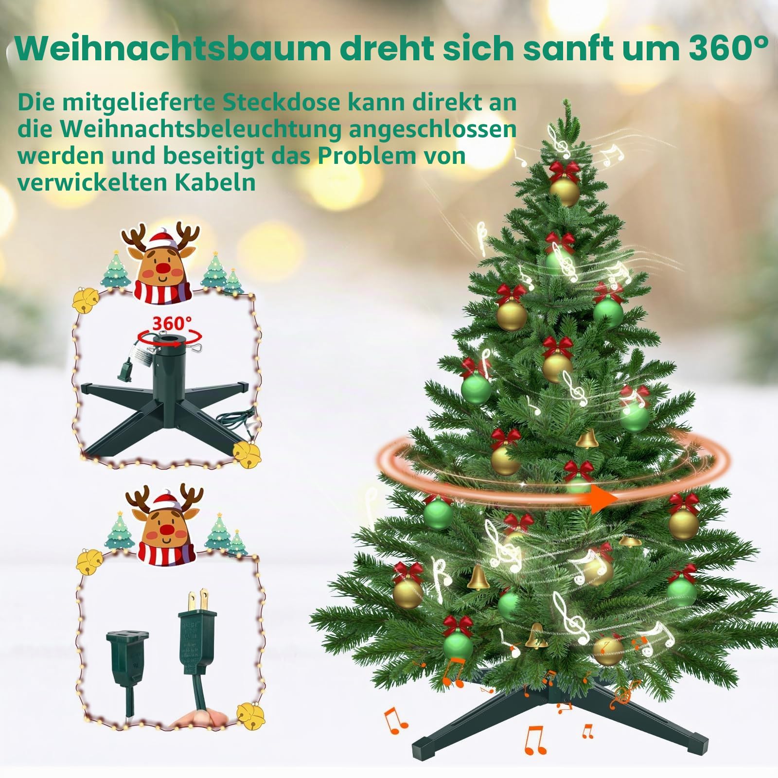 Axcoix Drehbarer Weihnachtsbaumständer, verstellbare Baumständer mit Fernbedienung, Musik, Geschwindigkeit und Licht, künstlicher Weihnachtsbaumständer für bis zu 2,4 m bis zu 45,4 kg Baum