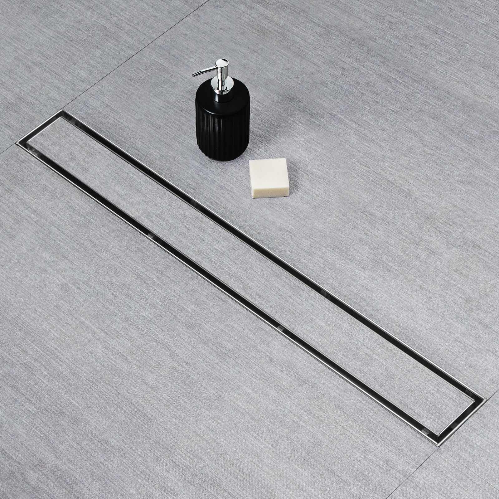 SaniteModar Desagüe de ducha lineal cepillado de 61 cm con rejilla de inserción de azulejos | AISI 304 - Drenaje de suelo de ducha rectangular de acero inoxidable cepillado con aleteo de pelo y patas ajustables