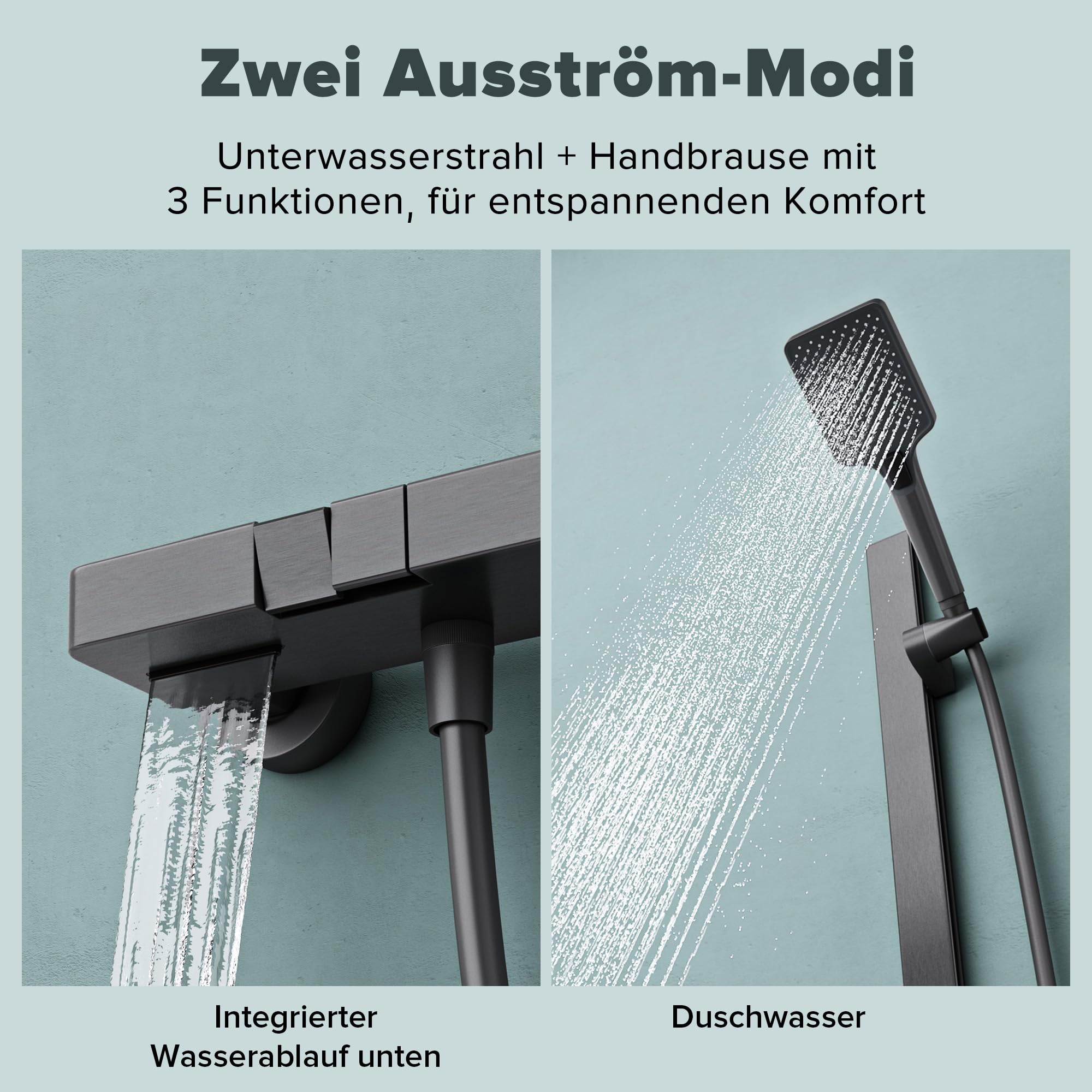 doporro Duschsystem mit Regendusche, Duscharmatur Komplettset Grau | Duschgarnitur mit Regendusche aus Aluminium, Dusche komplett 3 Strahlarten, höhenverstellbar Duschbrause Thermostat Arvexa-02