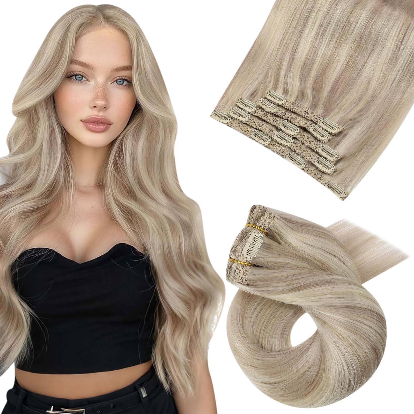 Moresoo Clip in Hair Extensions Real Human Hair 20 Inch Ash Blonde with Bleached Blonde Human Hair Clip in Extensions Real Remy Straight Hair for Adding Volume 5pcs/80G #18/613