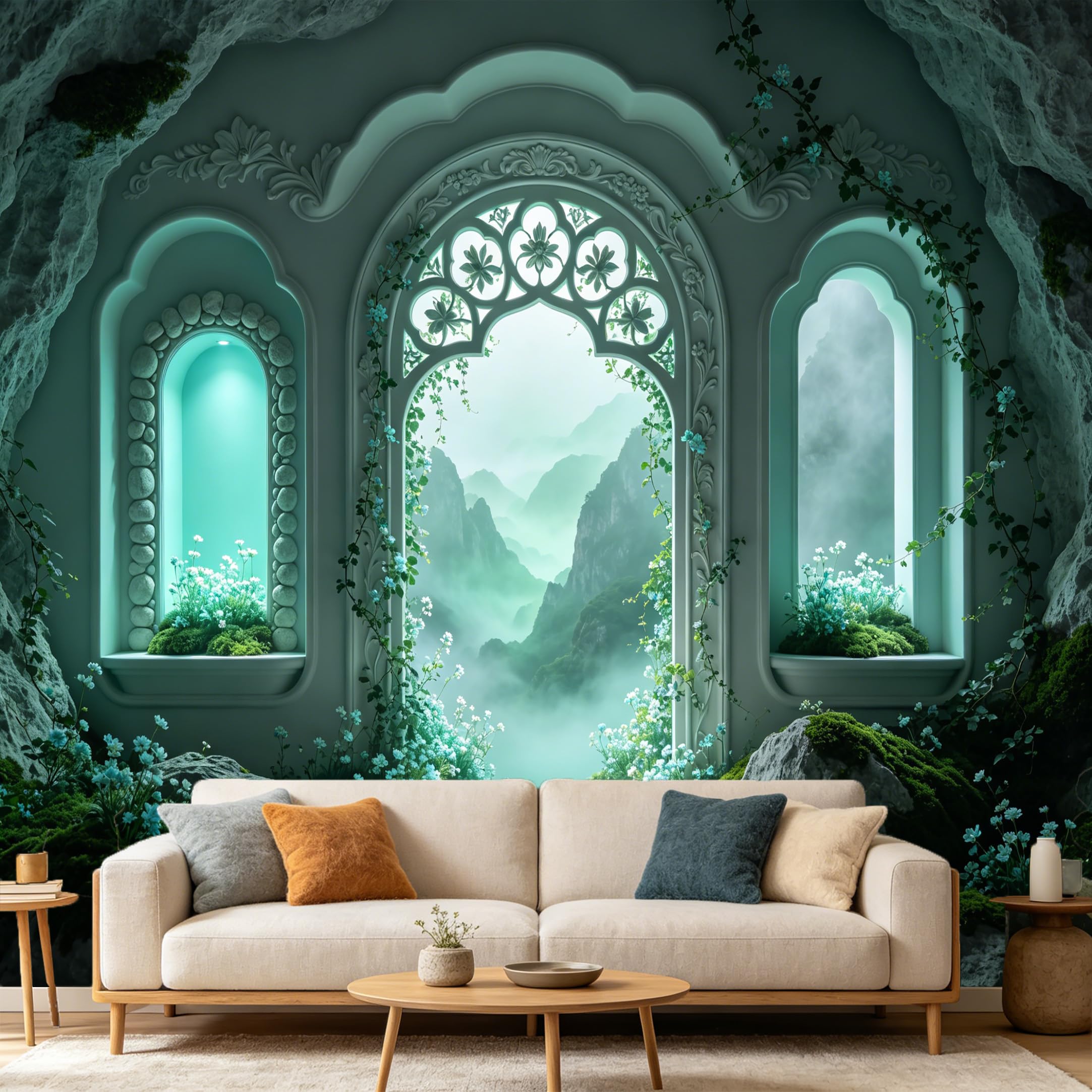 Custom Size Wall Mural 3D Mountain View Archway Botanical Scenery Modern Minimalist Art Prints wall Fabric Removable Large Wallpaper Home Living Room Decor