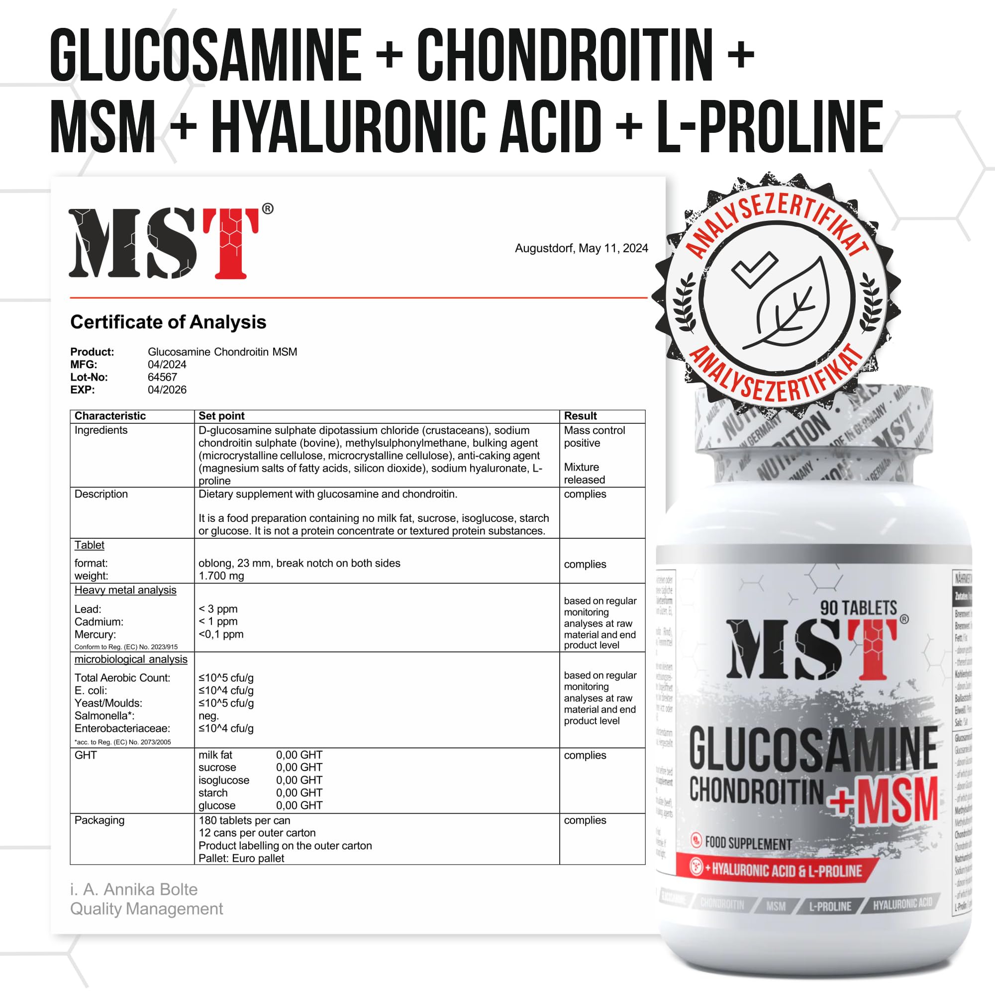 Glucosamine Chondroïtine MSM + Hyaluron + L-Proline | Complément alimentaire pour articulations, cartilage, arthrose et rhumatismes | Soutien à la production de collagène | 180 comprimés | MST