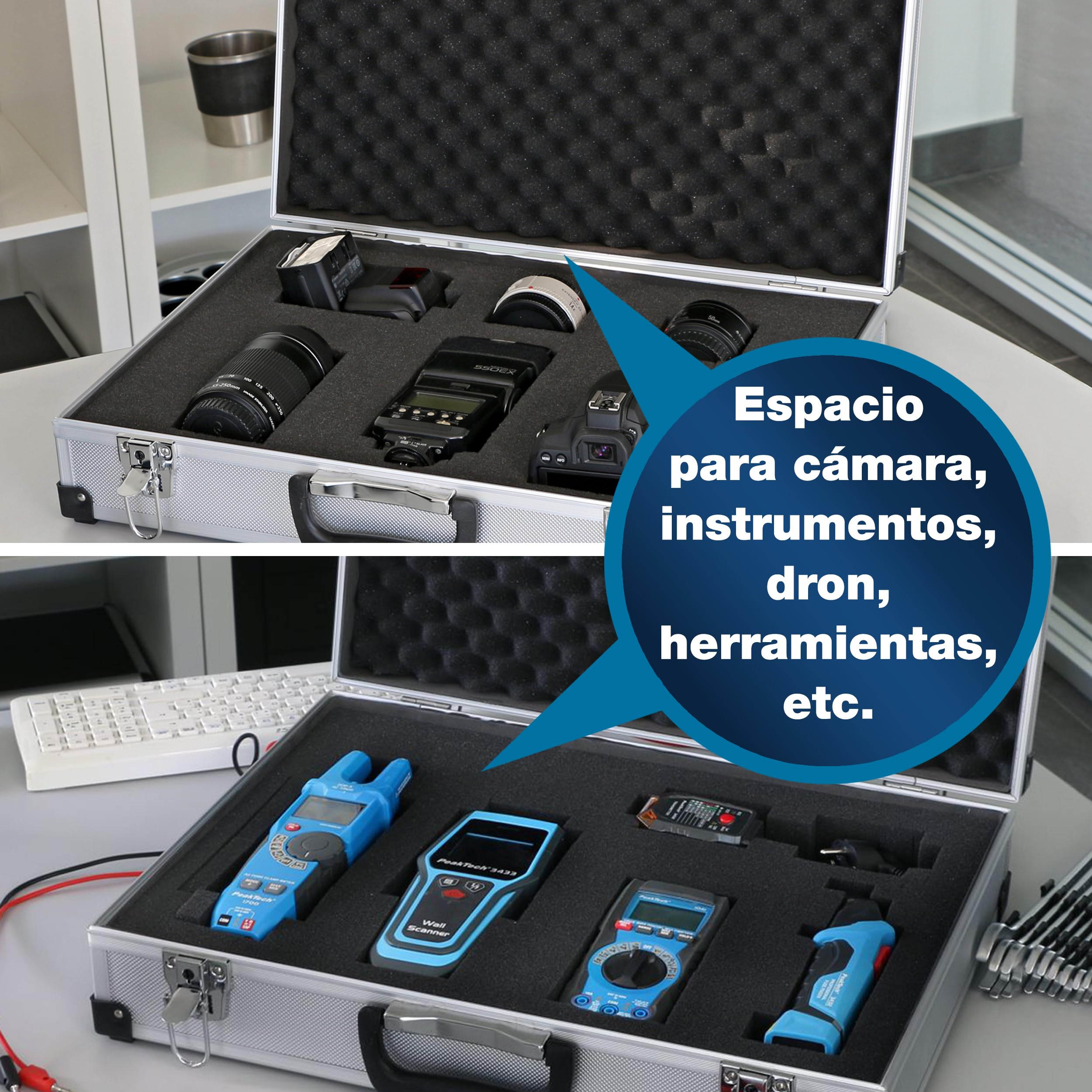 PeakTech 7270 – Estuche universal para dispositivos de medición, robusto, almacenamiento de herramientas, relleno de espuma, con cerradura, protección contra el polvo, XXL - 500 x 350 x 120 mm