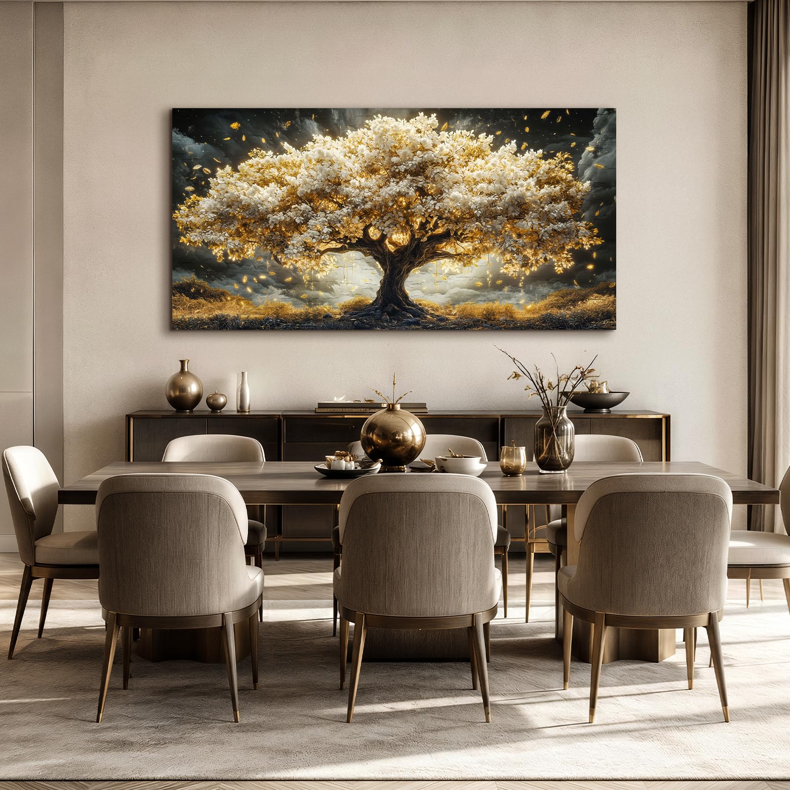 JHHUAMO Tableau Décoration Murale Arbre de Vie Doré Salon Chambre 73x146 cm | Tableau Nature, Impression Haute Définition, Installation Facile, Artisanat Exquis, Polyvalent