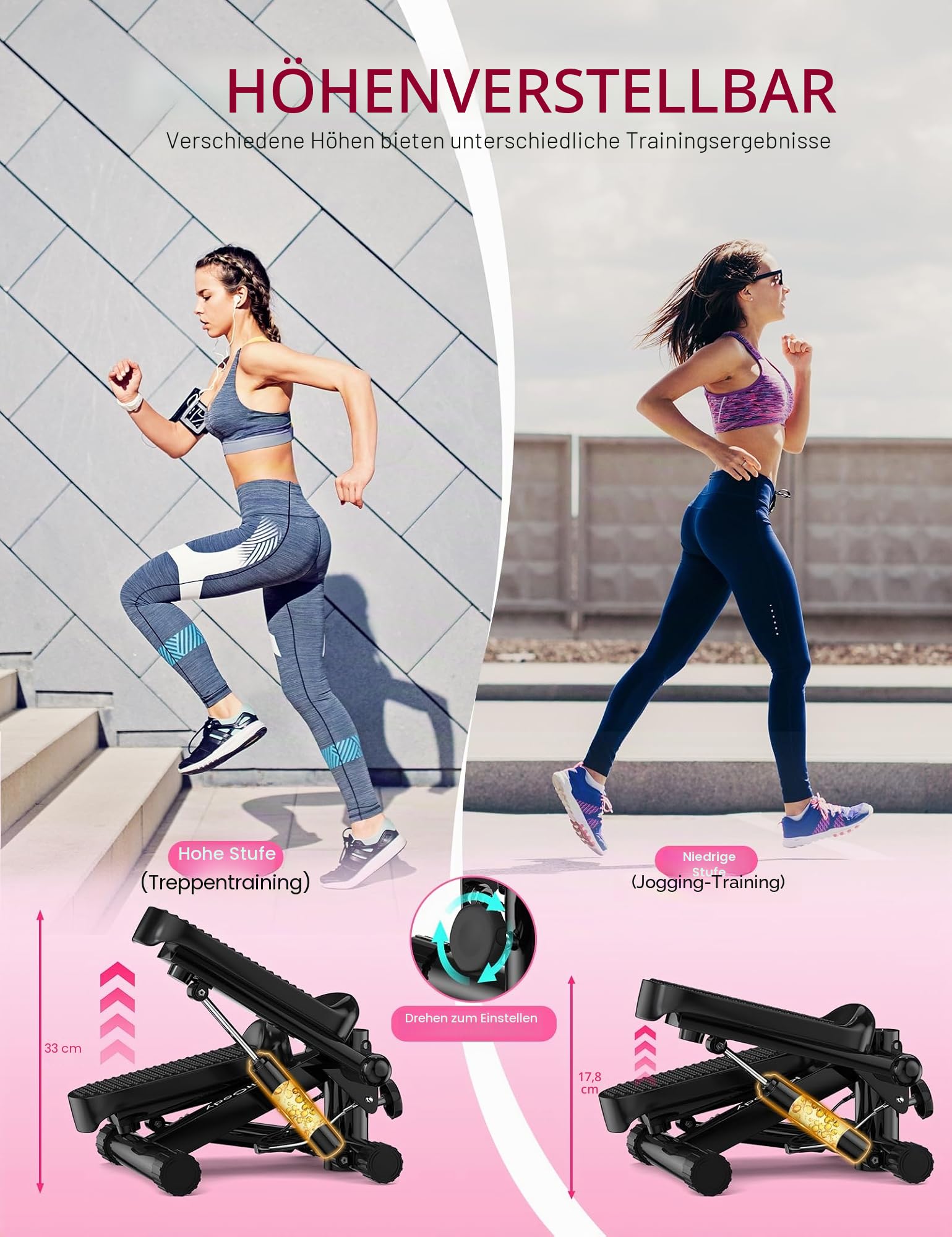 Mini-Stepper für Übungen, Treppenstepper 150 kg Kapazität, Workout-Stepper für Training zu Hause, Schrittmaschine mit Widerstandsbändern