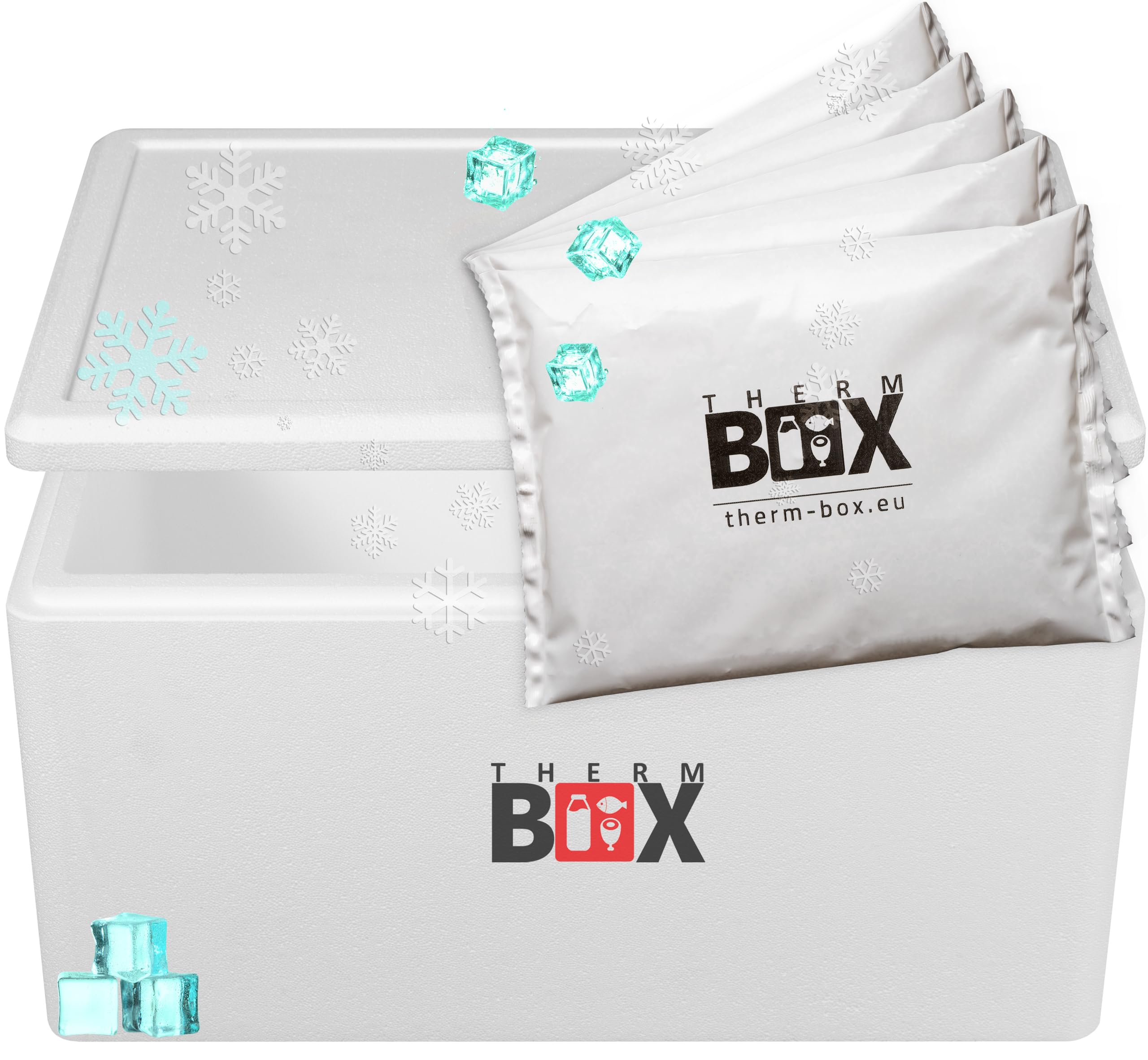 THERM BOX boîte en polystyrène 45W avec 5X Bloc réfrigérant pour glacière 45L Dimensions intérieures: 53x33x25cm boîte de Transport conteneur Isotherme réutilisable