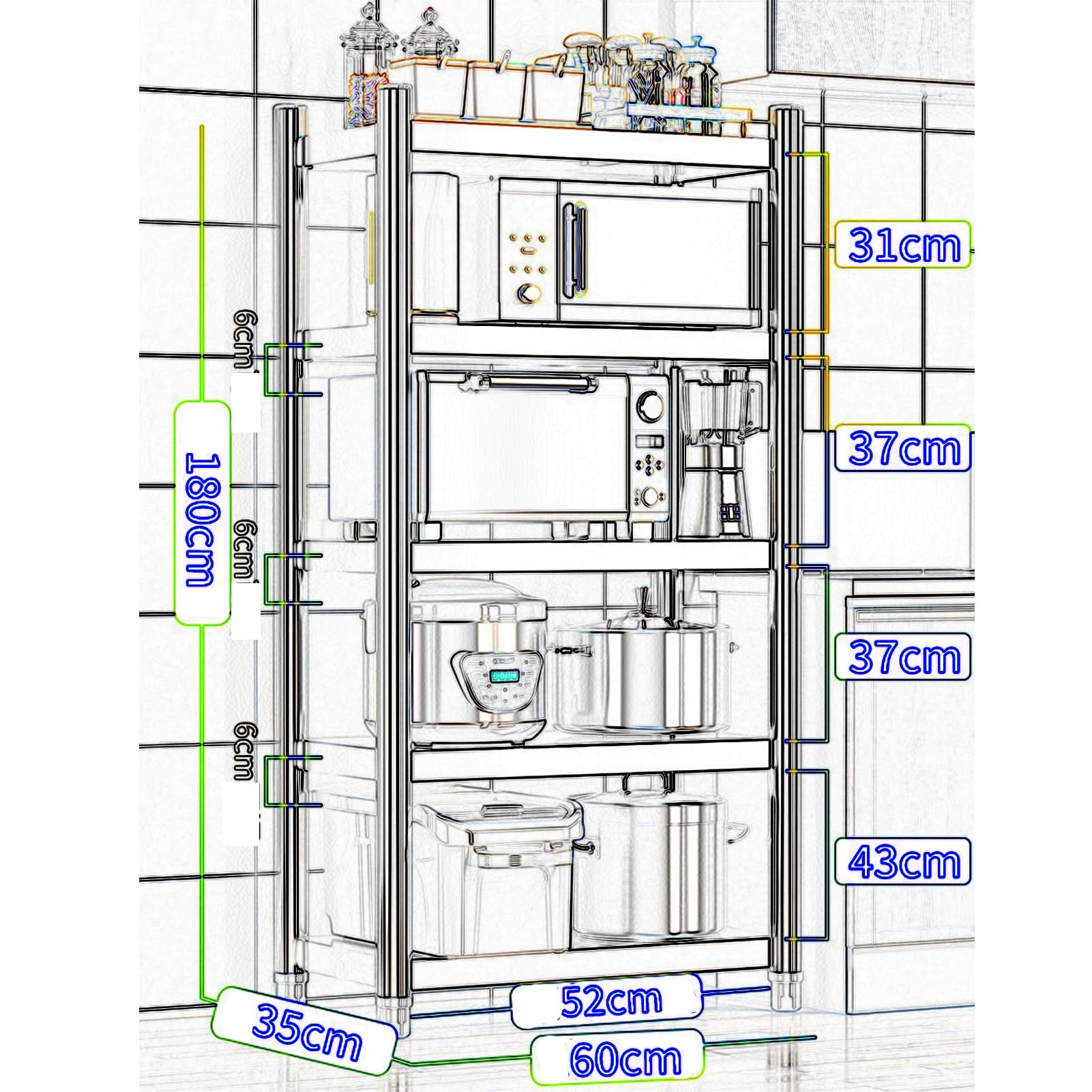 Scaffale a 5 ripiani in acciaio per casa, cucina, ufficio, Ga e Reurant Sto – Scaffale commerciale (60 x 35 x 180 cm)
