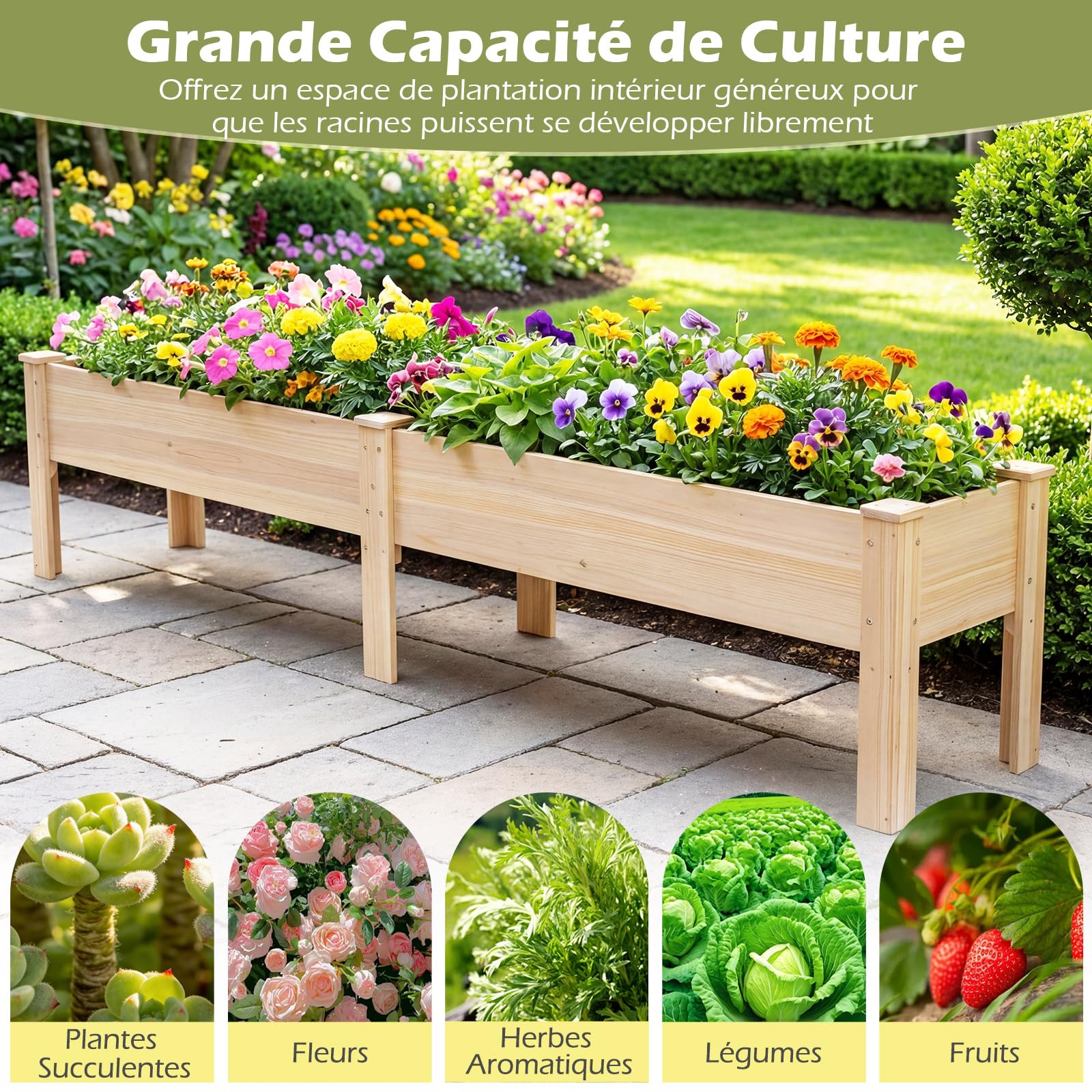 COSTWAY Jardinière avec 2 Zones de Culture, Bac à Fleur Surélevé en Bois de Sapin Plateaux Amovibles Séparation Trou de Drainage, pour Plante Légume Fleur, 240 x 43,5 x 51,5 CM, Naturel
