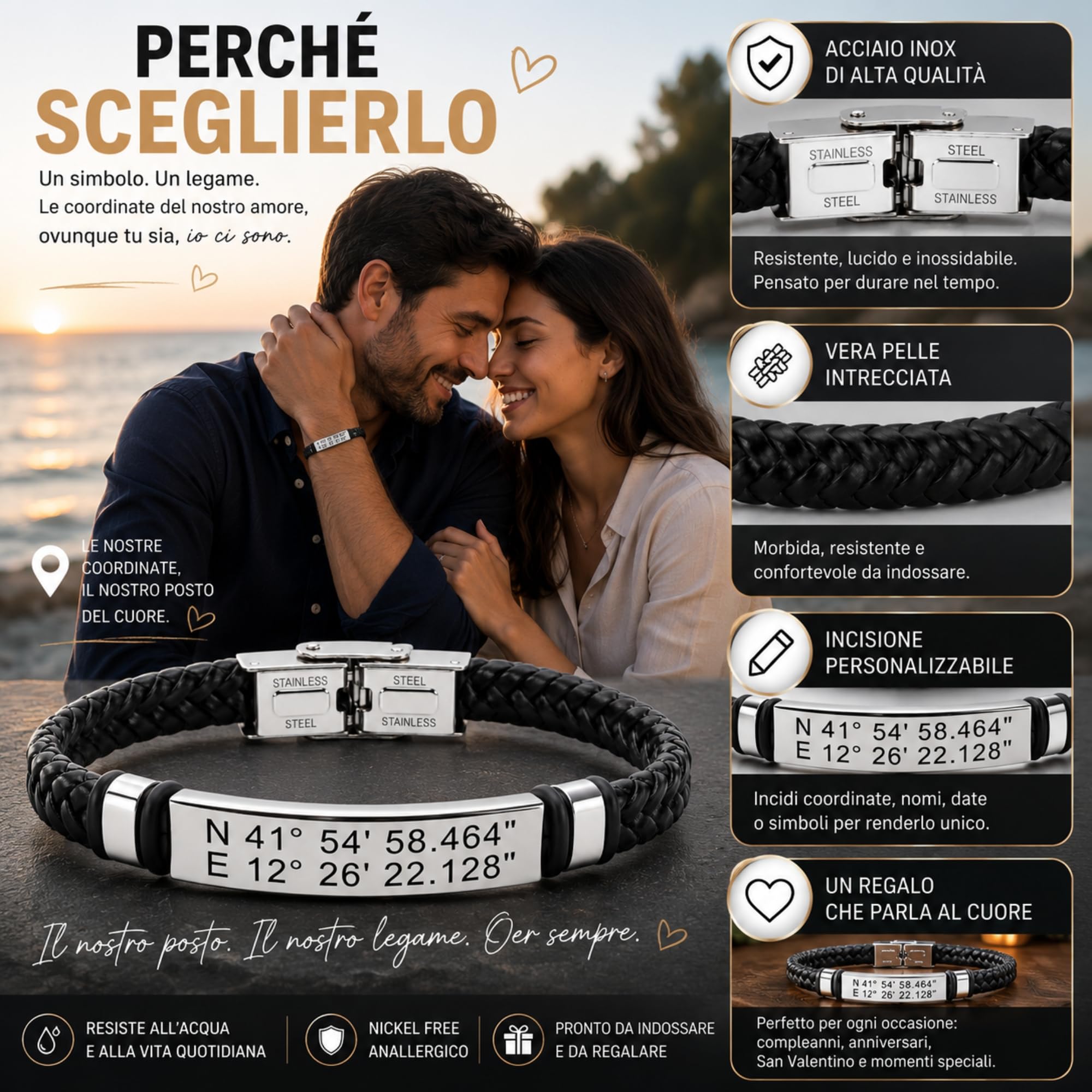 Bracciale Uomo Personalizzato in Acciaio e Pelle – Incisione Nome, Data, Frase o Coordinate | Idea Regalo Personalizzabile per Lui, Amico, Papà, Fidanzato bcc1690d