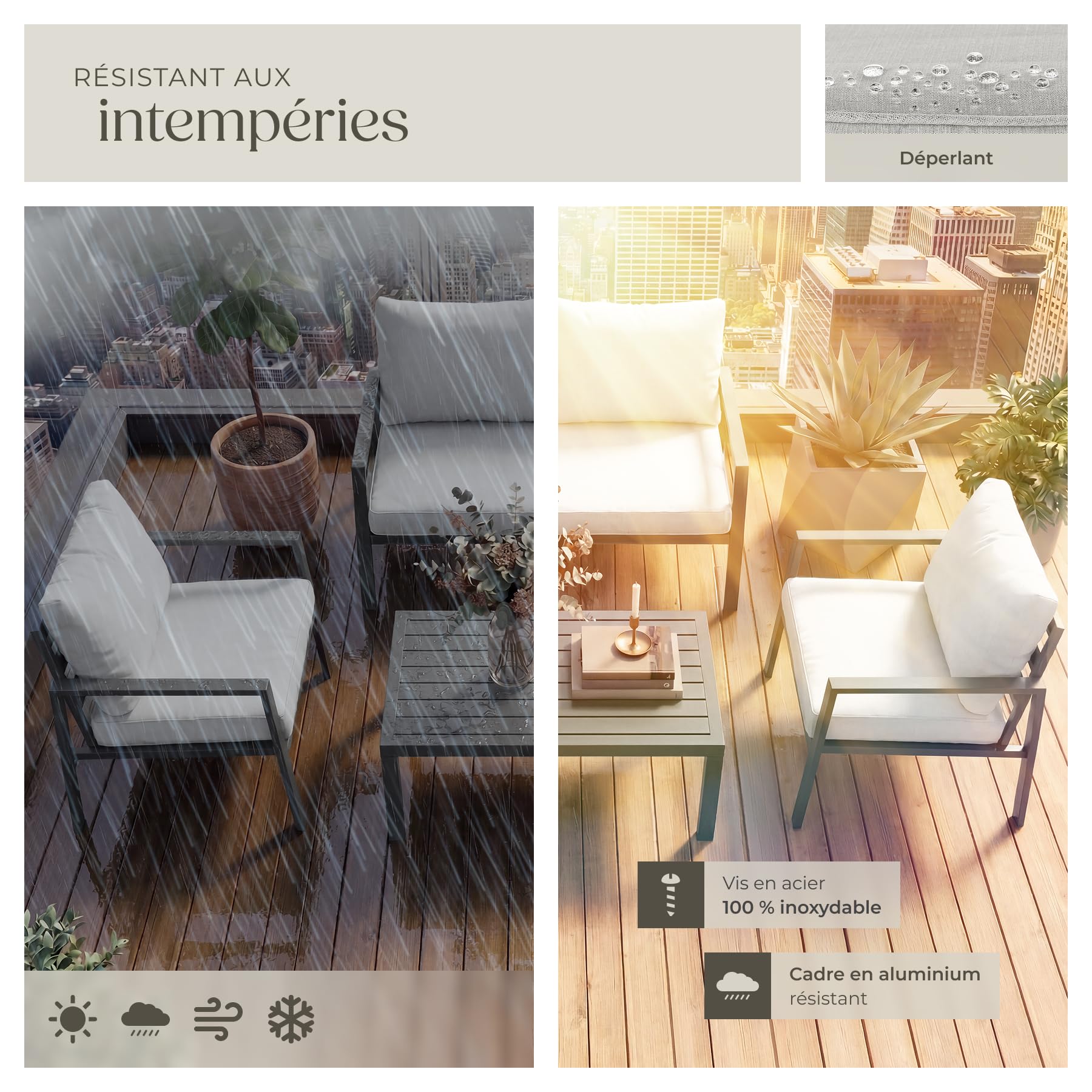 tectake® Ensemble Salon de Jardin Exterieur 4 Personnes en Aluminium Canapé 2 Places 2 Fauteuil Salon et 1 Table de Jardin, Coussins Inclus, Mobilier de Jardin Amenagement Balcon Terrasse Veranda