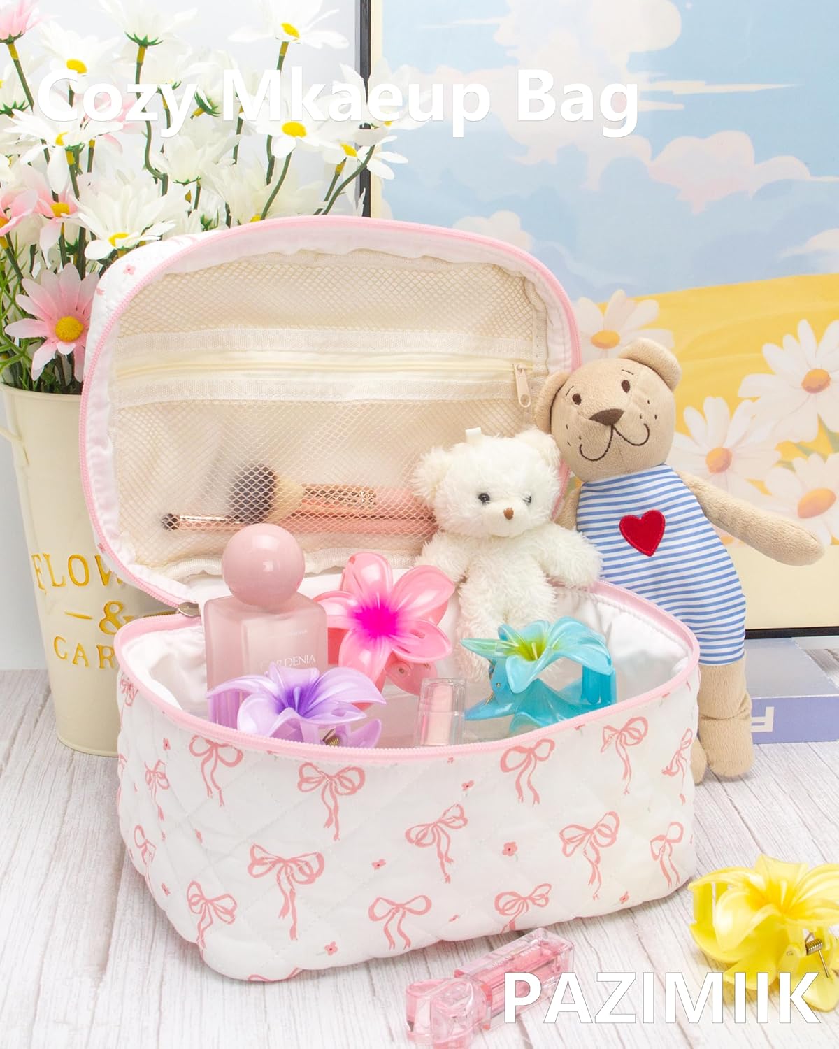 Quilted Makeup Bag Large Travel Zipper Soft Cosmetic Case for Women Girls Make Up,Bow Pink - Image 2