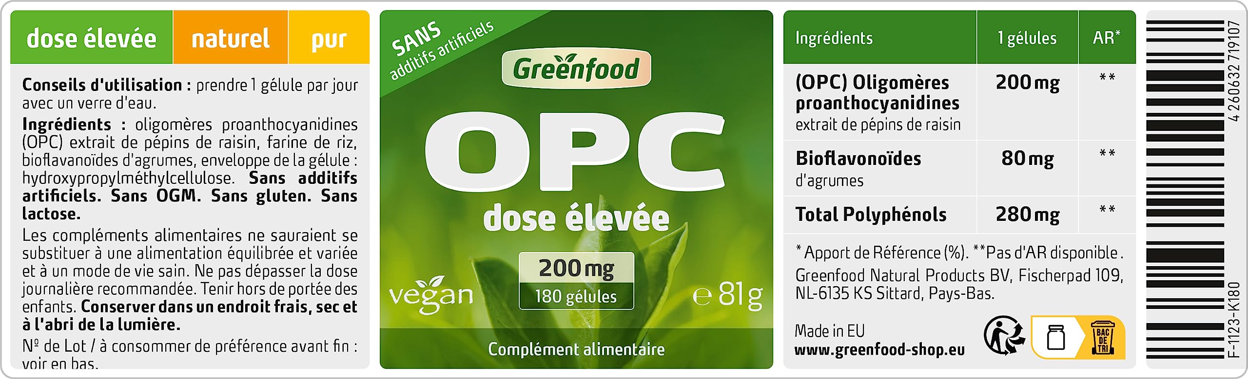 Greenfood OPC, 200 mg, dose élevée, 180 gélules -Sans additifs artificiels. Vegan.