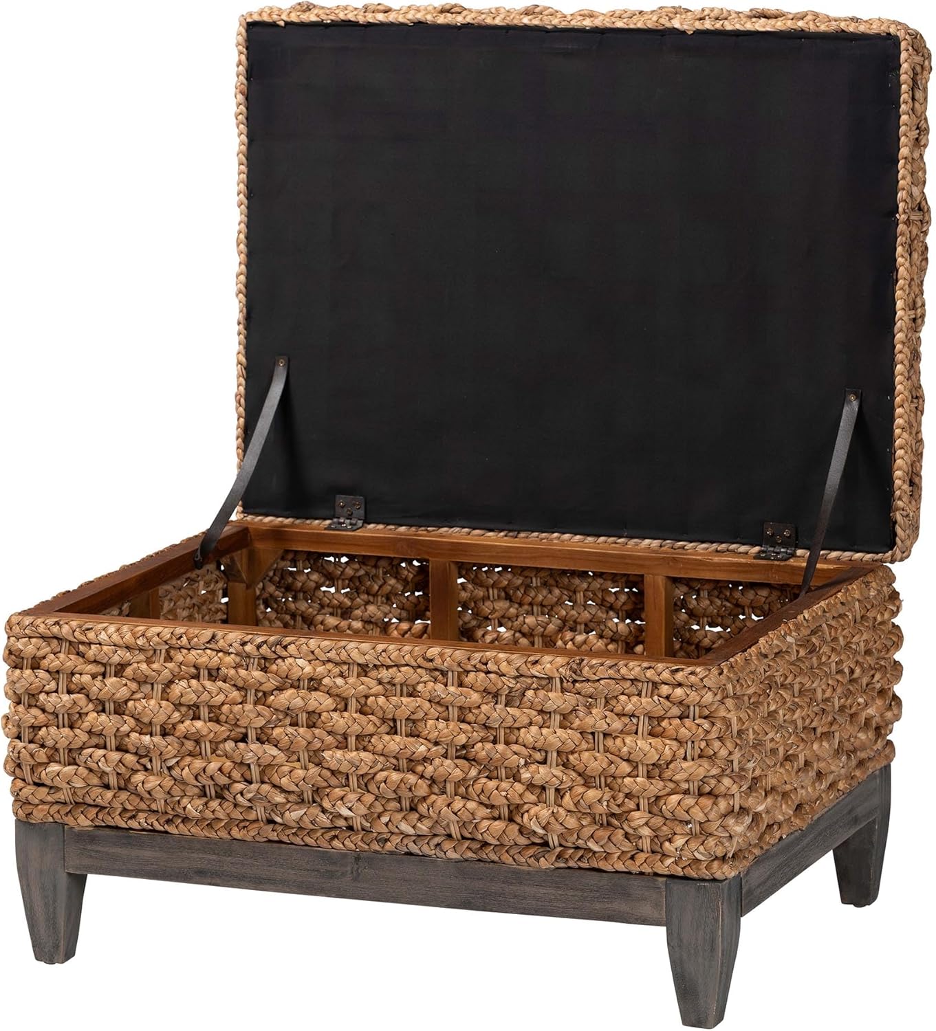 bali & pari Bailey Handwoven Water Hyacinth Storage Ottoman with Lift-Top Lid – Rustic Wicker Trunk or Footrest with Inner Compartment for Living Room or Entryway, Square