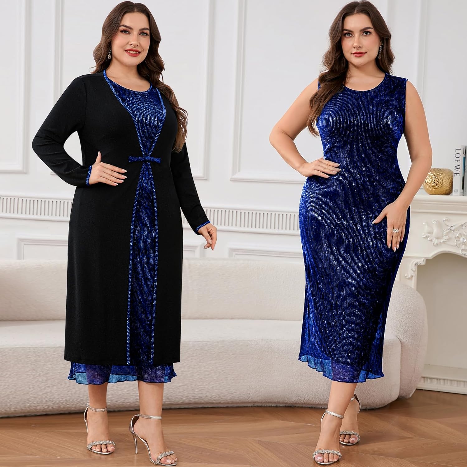 ZOMVA Plus Size 2 Pieces Mother of The Bride Sparkly Dress Set with Jacket Formal Wedding Guest Evening Elegant Outfit - Image 2