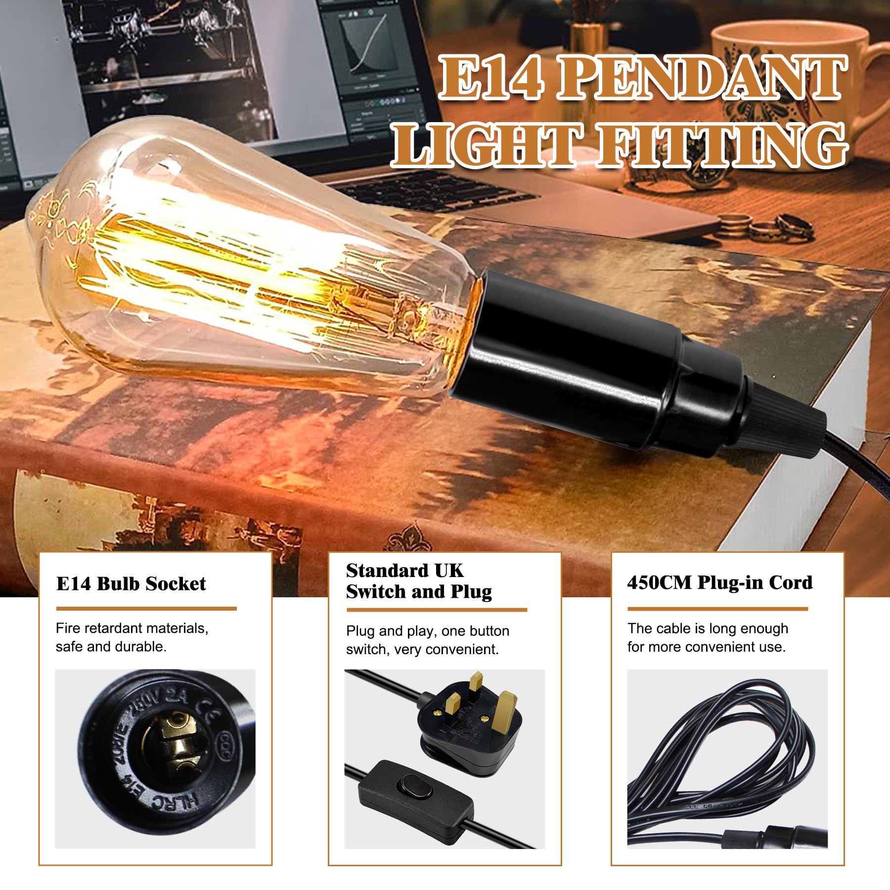 Pendant Light Fitting, 2 Pack E14 Bulb Holder with 4.5 M Lamp Cable with Switch and Plug, Black Plug in Ceiling Light - Image 3