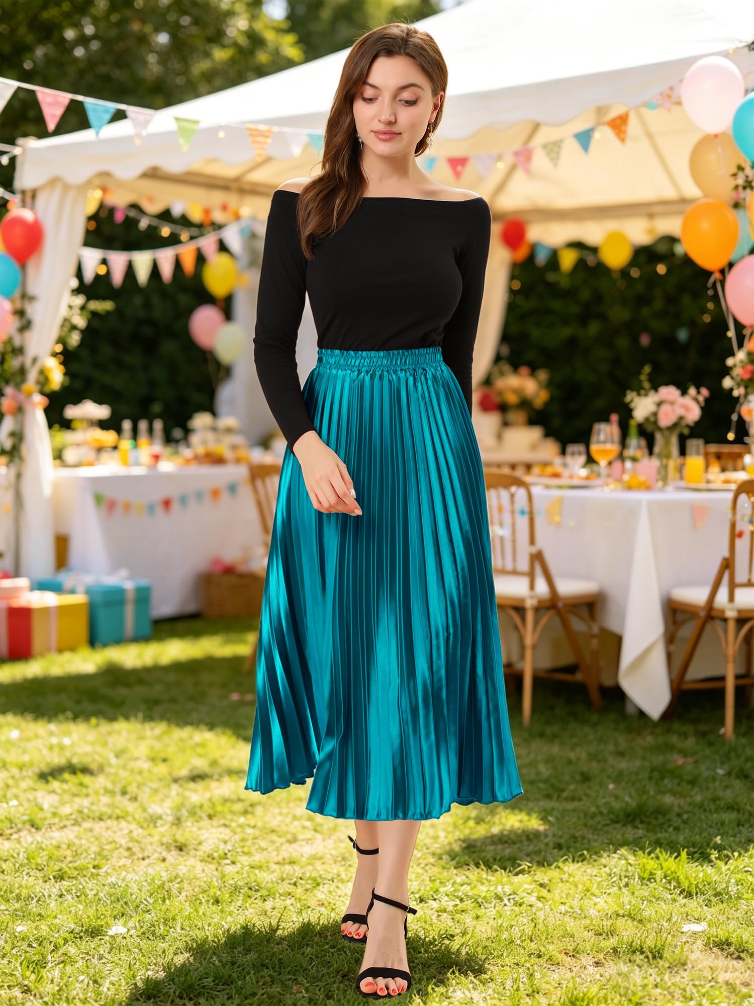 Allegra K Pleated Midi - Skirt Plisado para Mujer