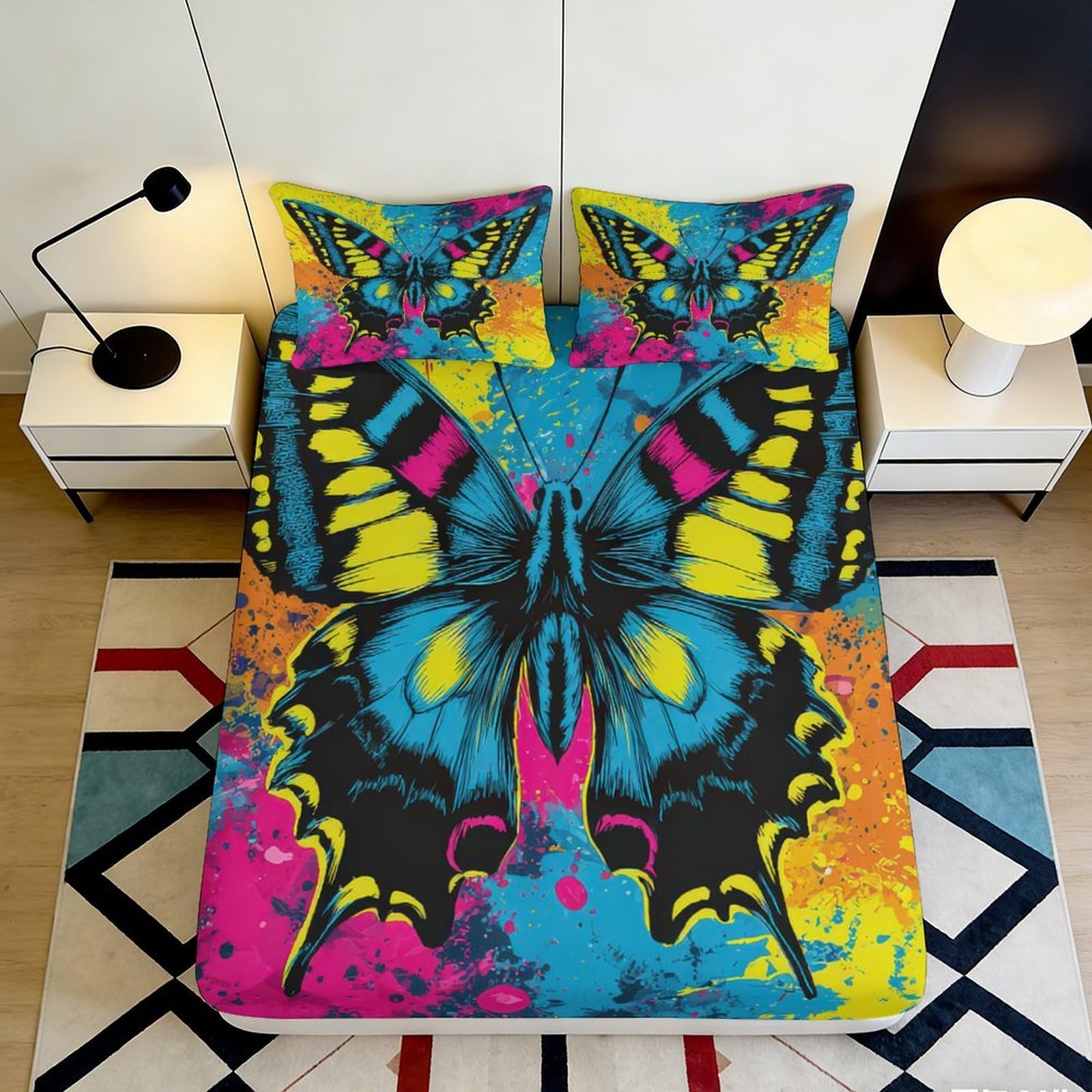 3D Printed Colorful Butterfly Fitted Sheet Microfiber Breathable Deep Pocket Bedroom Bedding Colorful Butterfly Mattress Fitted Cover for Adults 140x200x25cm