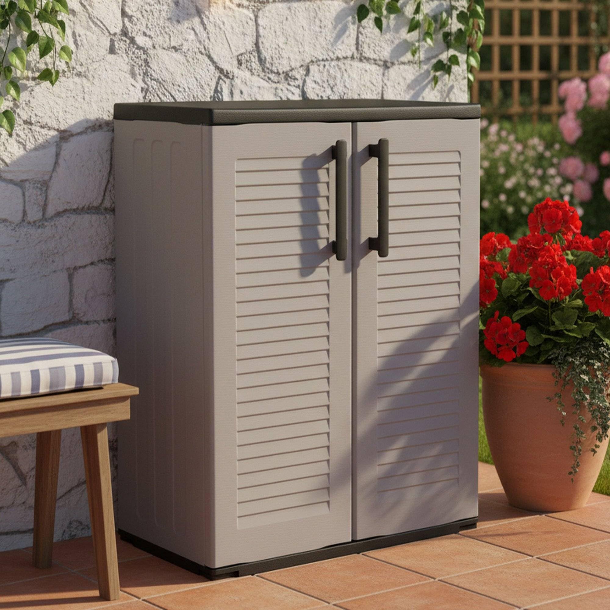 Dmora - Armoire d'extérieur Bilzen, Mobilier d'extérieur, Armoire de Balcon Polyvalente, 100% Made in Italy, Gris et Noir, Finition rayée, 68x37h84 cm