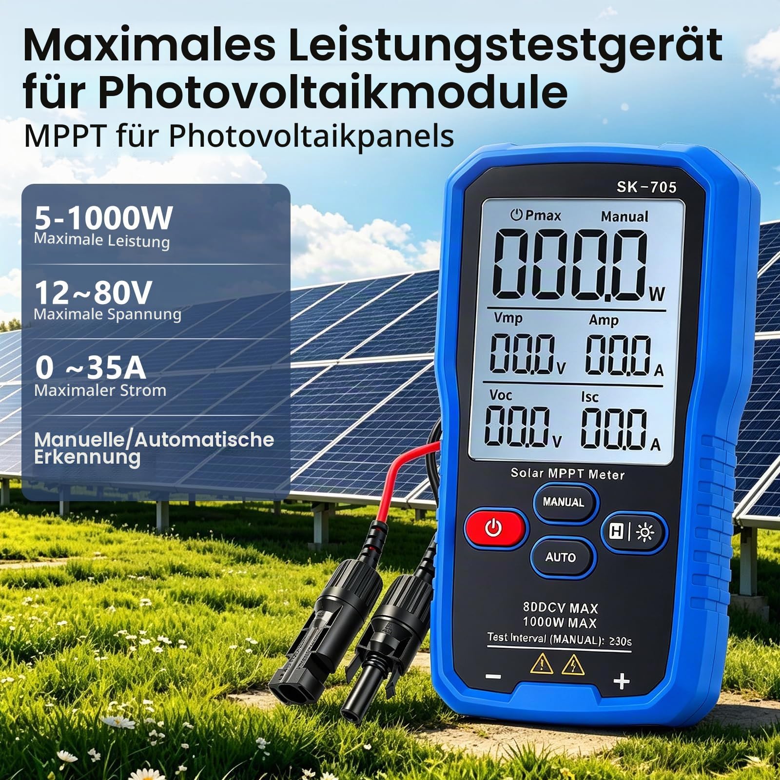 Solarpanel MPPT Tester, 1000W Photovoltaik Panel Multimeter mit LCD Display, Solarmodul-Leistungstester für Auto/Manuell Messung, Voc Isc Vmp Pmax Prüfung, Tragbarer Solarmessgerät