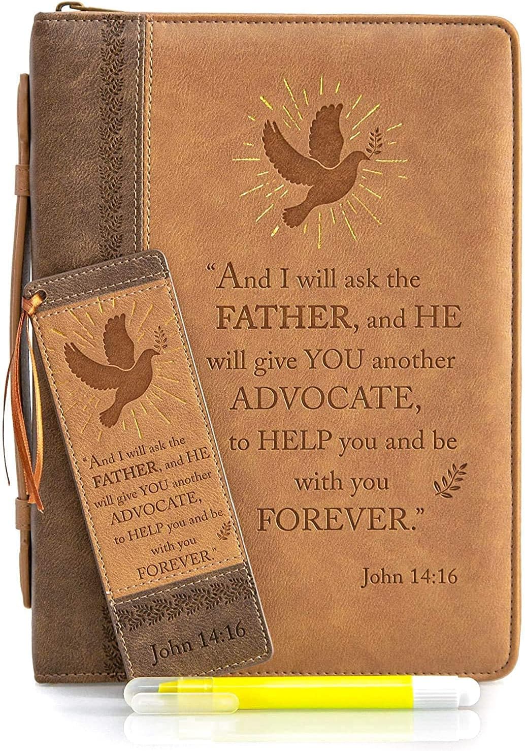 OBIE BLUE Faux Leather Bible Cover- Bundle w/Bookmark and Gel Highlighter. John 14:16, for Men and Woman (Medium)
