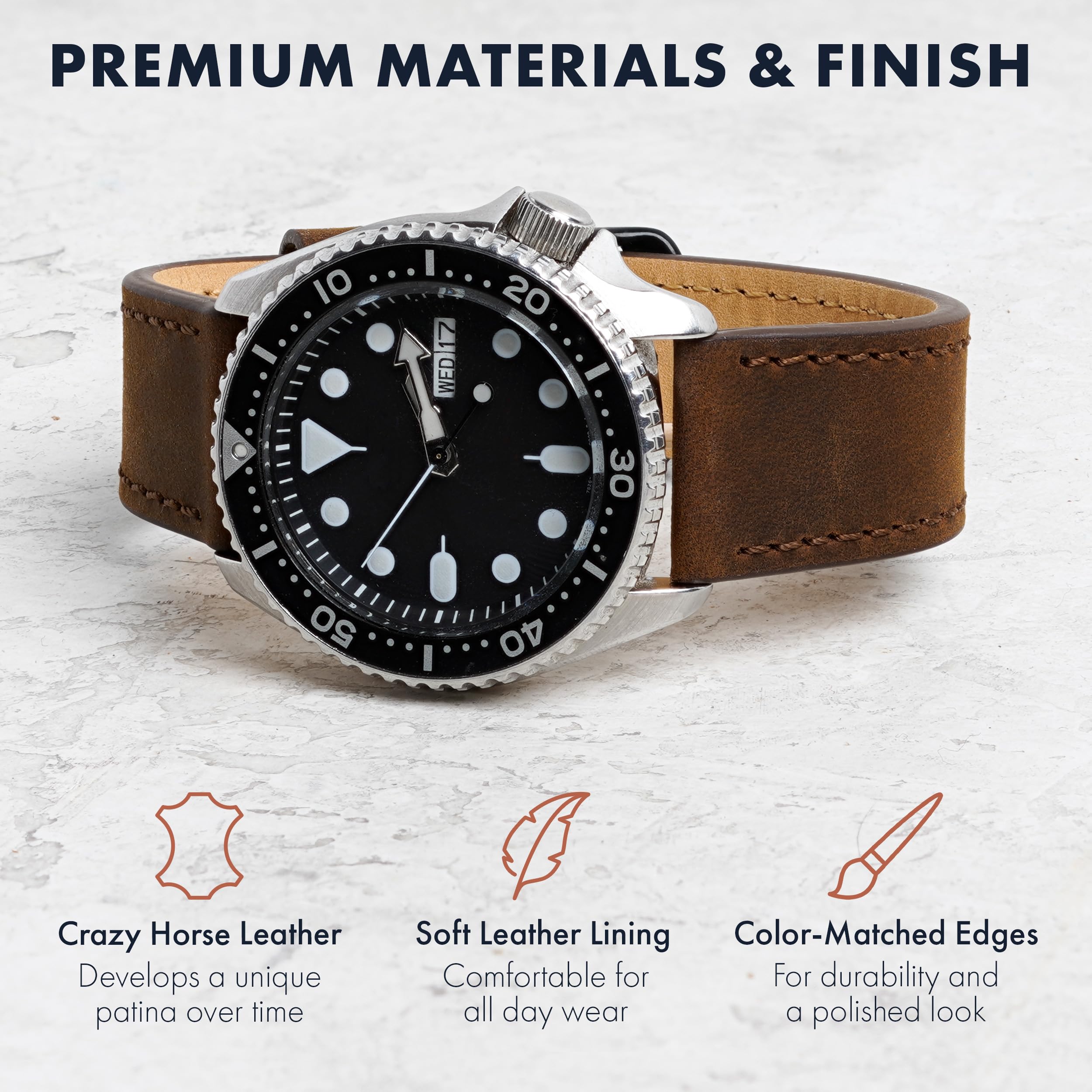 Benchmark Leather Watch Band - Crazy Horse Leather Watch Straps for Men & Women - Quick Release Spring Bars - Choice of Color - 18mm, 20mm, or 22mm Widths (20mm, Dark Brown)