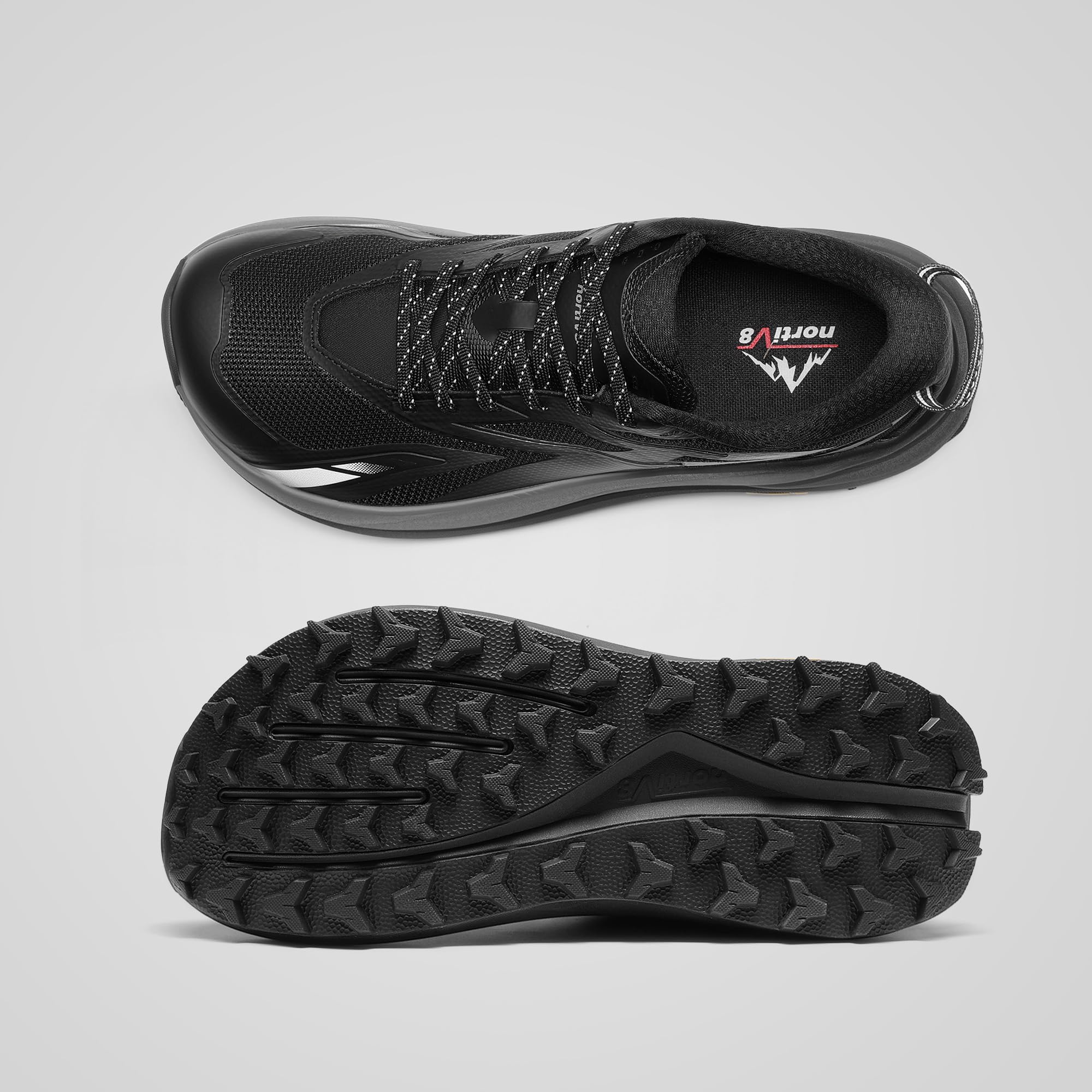 NORTIV 8 Męskie szerokie palce pudełko buty do biegania w terenie poduszka chodzenie boso atletyczny tenis trening siłownia cross training buty modne trampki, Czarny, 9.5