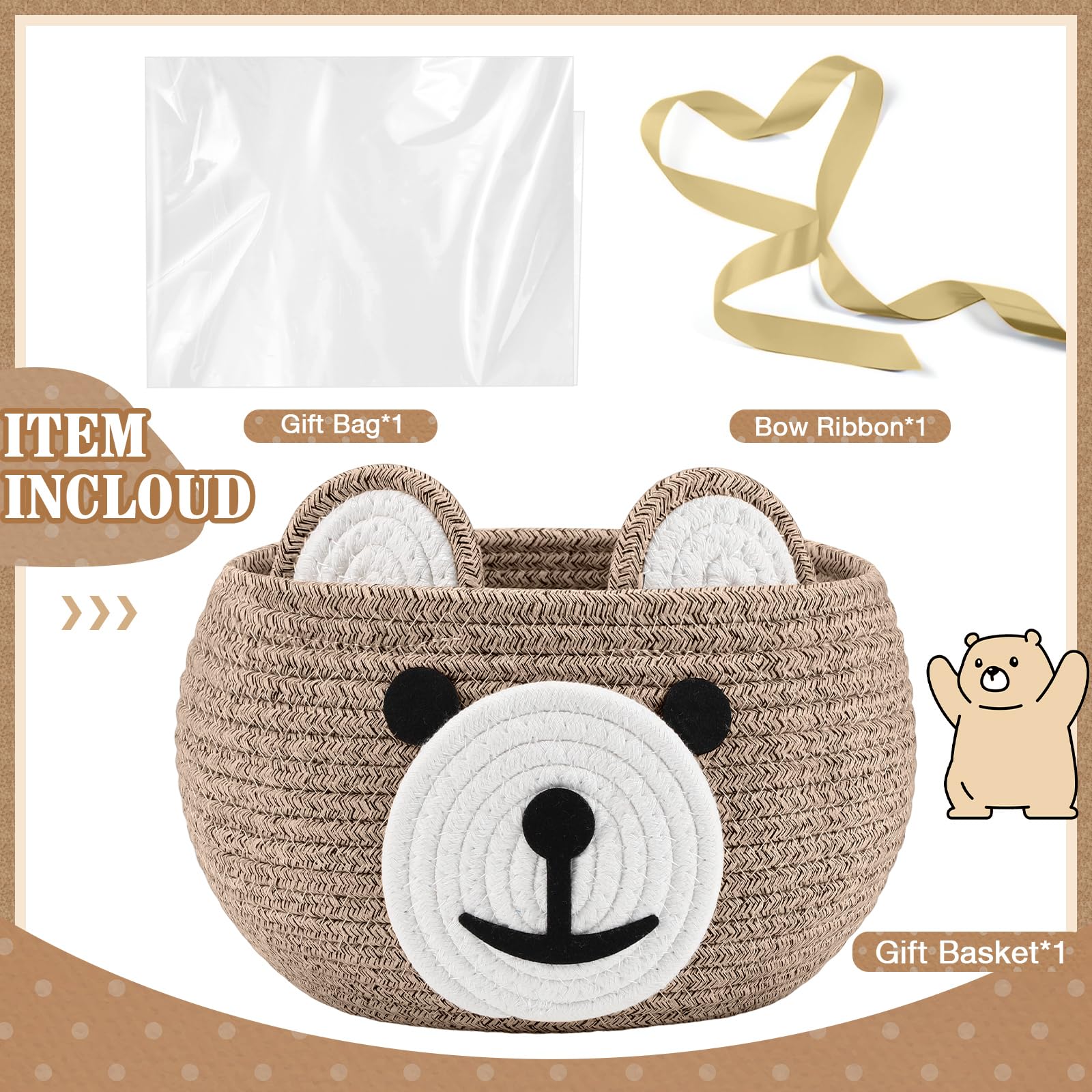 Zopeal Baby Basket for Nursery with Gift Bags and Ribbons Cotton Rope Woven Bear Gift Basket with Handles for Living Room Bathroom Storage Organizing Decoration, 10.5