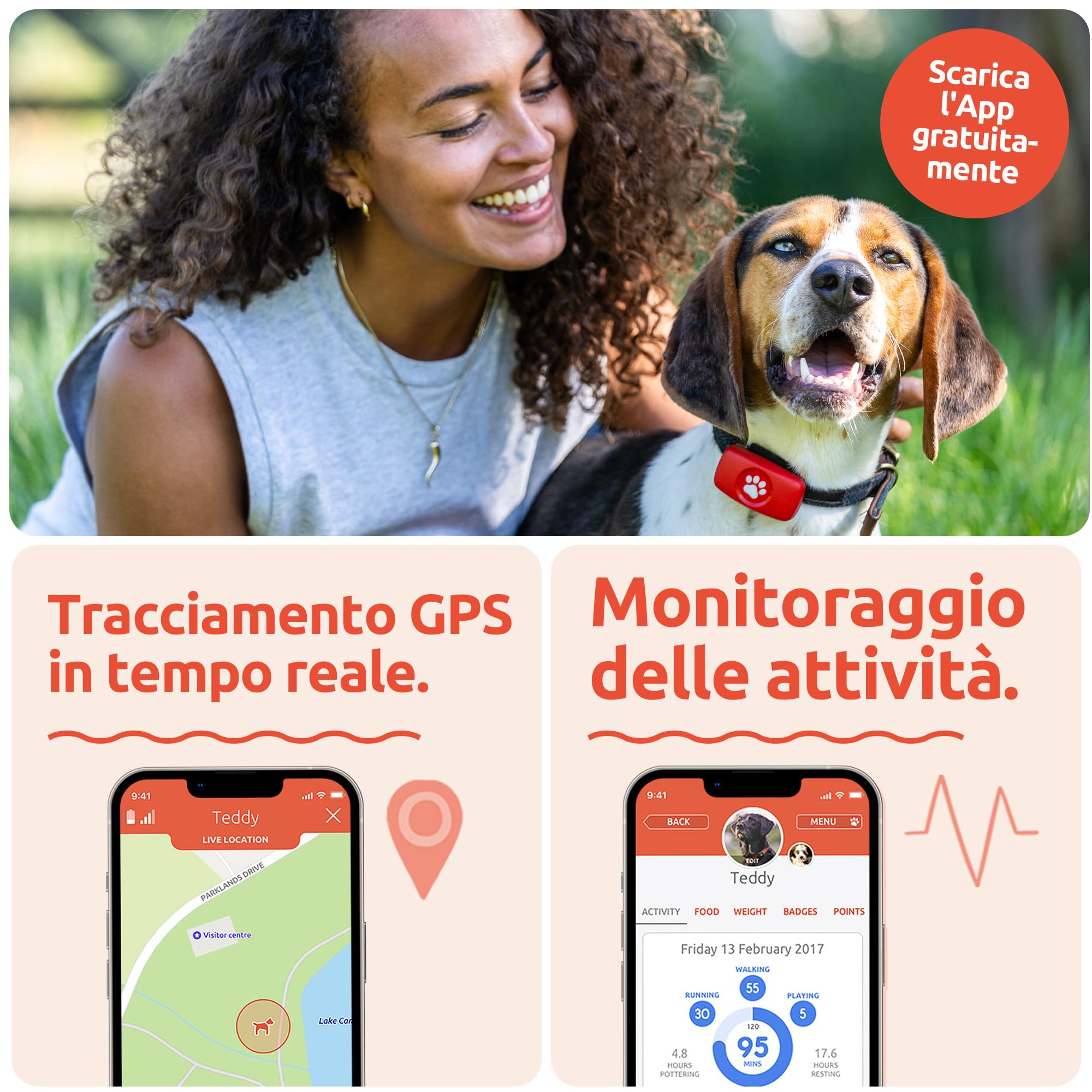 PitPat Localizzatore GPS per cani senza abbonamento, Rosso