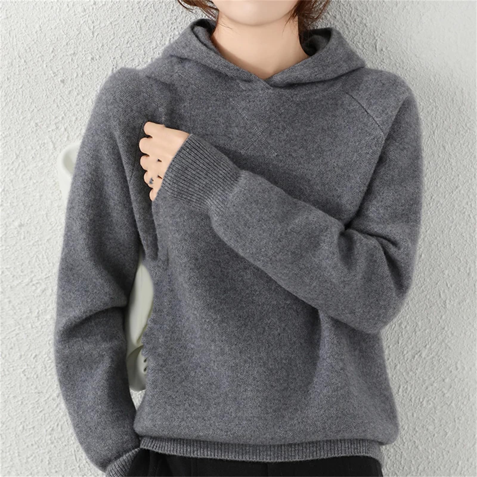 Yeuyyben Maglione da donna in cashmere con cappuccio a maniche lunghe pulsante inverno ispessimento caldo maglia top femminile, Colore caffè., L