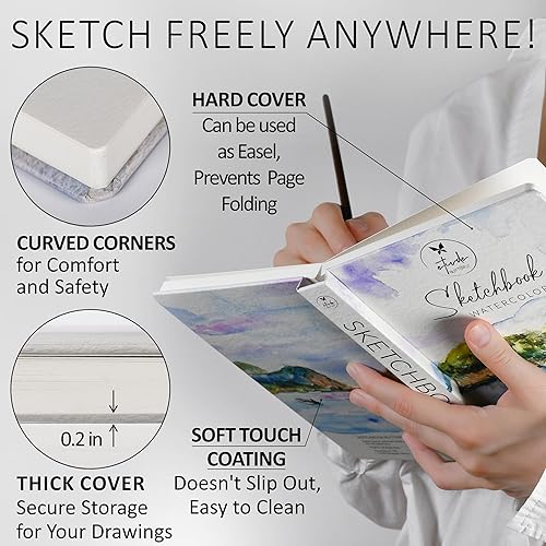 Miniatura 5 de Libro de bocetos de tapa dura, 60 páginas de grosor, 400 GSM, 180 libras, sin ácidos, papel de acuarela encuadernado plano, 6.14 x 8.25 pulgadas,
