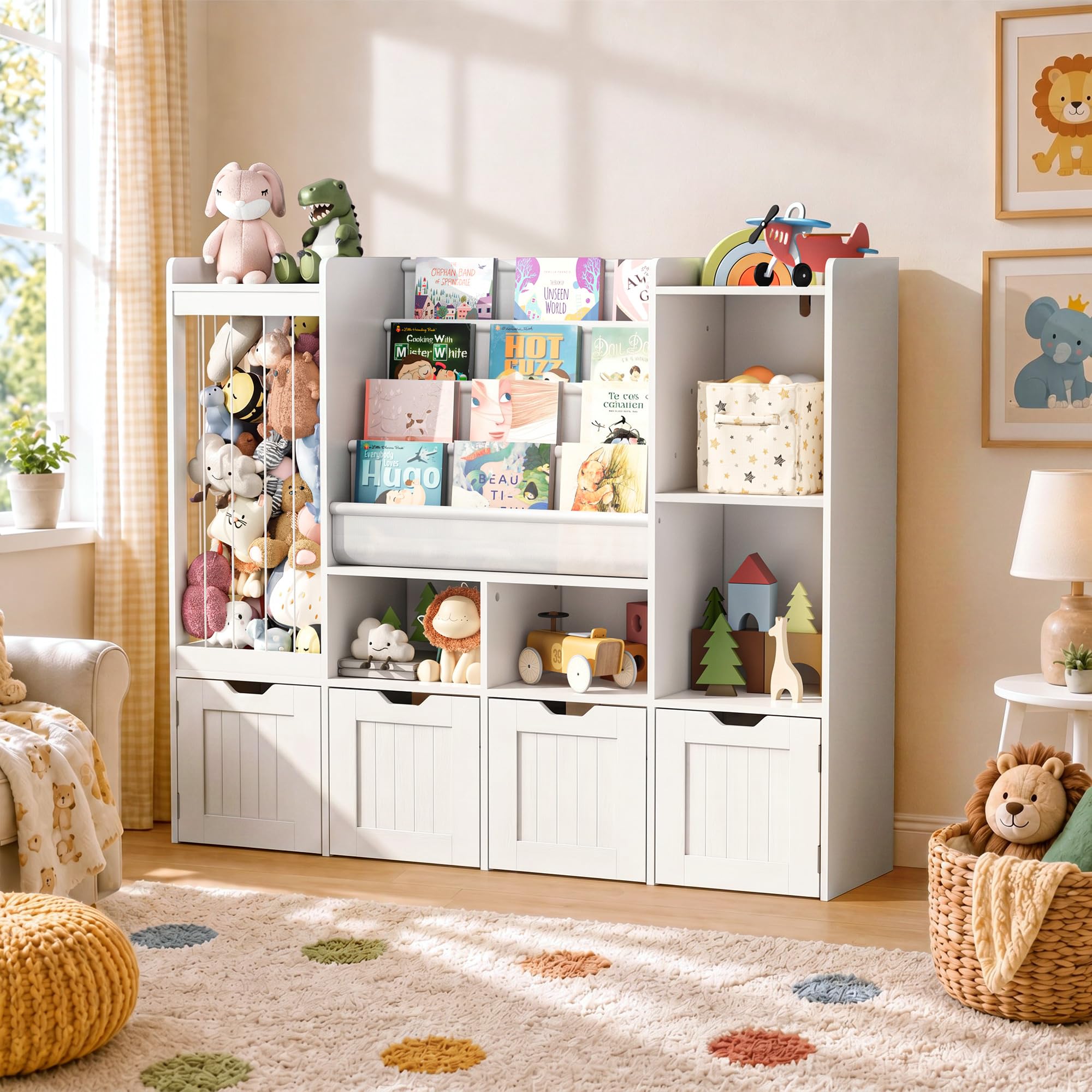 Pamapic Kinderregal, Bücherregal Kinder mit Kuscheltier Aufbewahrung, 2 Herausnehmbare Schubladen, Spielzeug Aufbewahrung mit 4 Offene Regale, Kinderzimmer Möbel für Kinderzimmer, 120x30x100cm, Weiß
