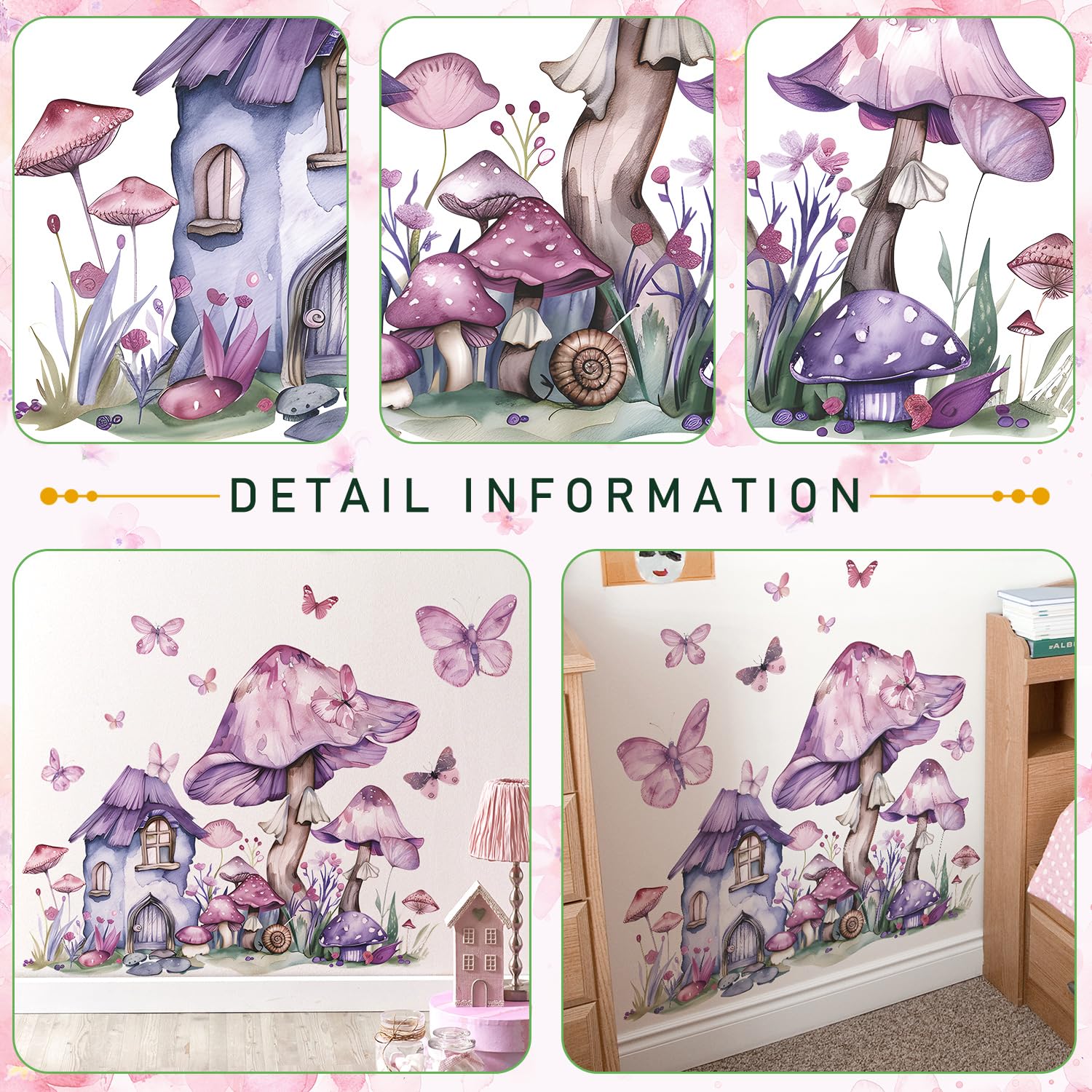 DRWSSR Removable Mushroom Fairy Wall Decals - Pink Green Plant & Butterfly Peel And Stick Decor (2 Sheets)