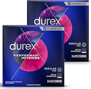 Durex Condom Performax Intense Natural Latex Condoms, 48 Count - Ultra Fine, Ribbed, Dotted with Delay Lubricant