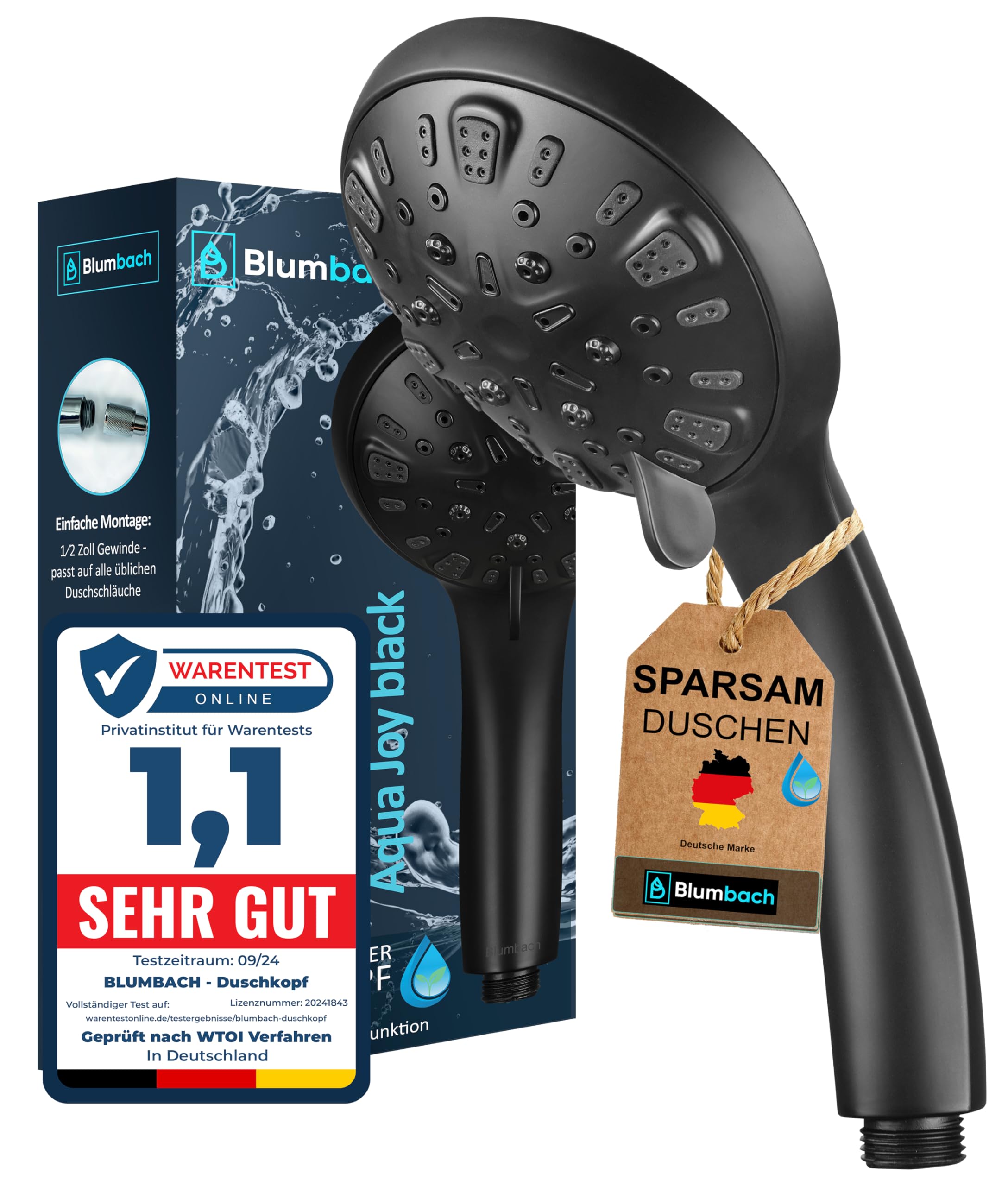 BLUMBACH® Duschkopf schwarz wassersparend - Hochdruck Duschkopf Aqua Joy - 8 Strahlarten, Duschbrause druckerhöhend, Brausekopf, wassersparender Sparduschkopf, hoher Wasserdruck starker Strahl