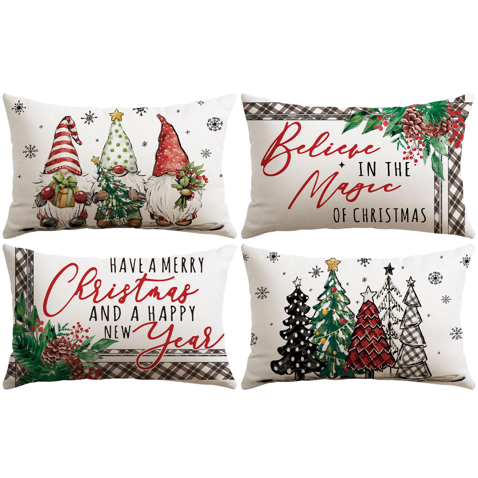 JOTOM Christmas Cushion Covers 40x60 cm Set of 4 Winter Holiday Decorative Throw Pillow Covers Sofa Merry Christmas Cushion Cases Xmas Trees Decoration for Home Couch Decor (Dwarf Xmas Trees Black)