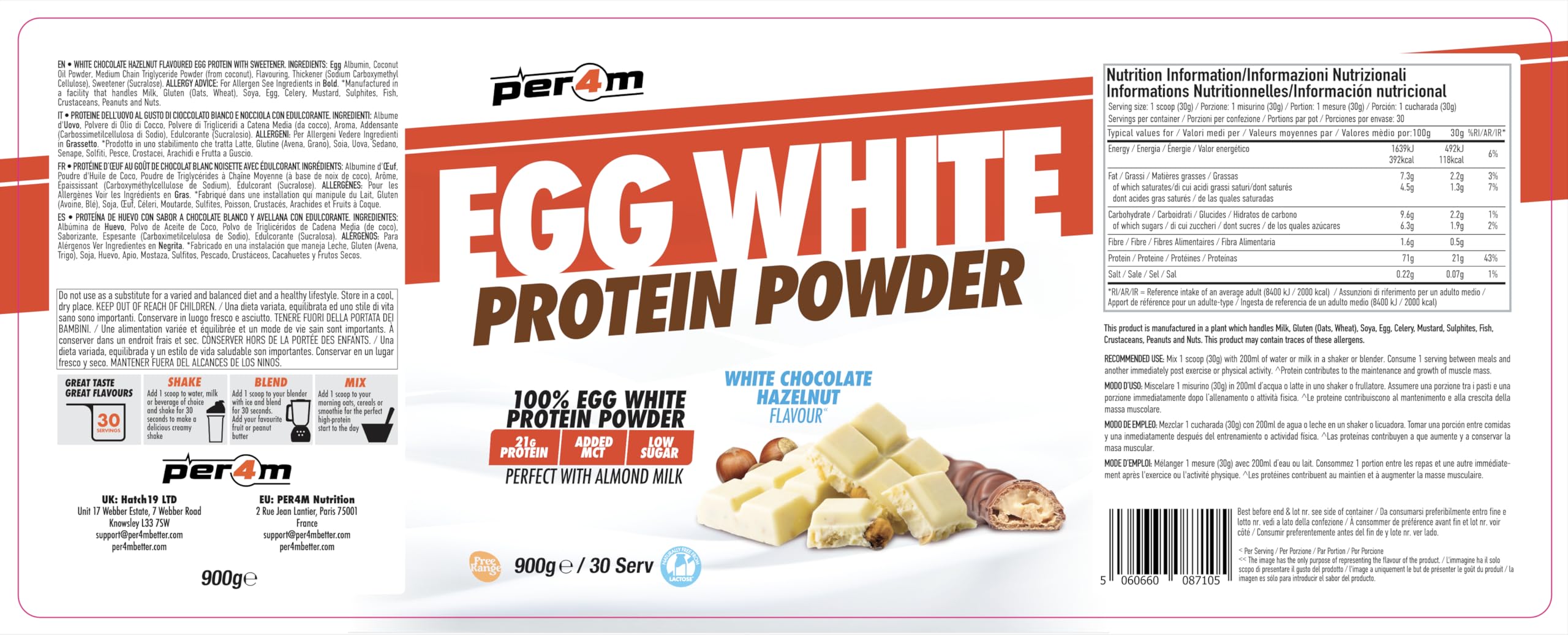 Per4m Egg White Protein Powder (900g) Chocolat blanc noisettes