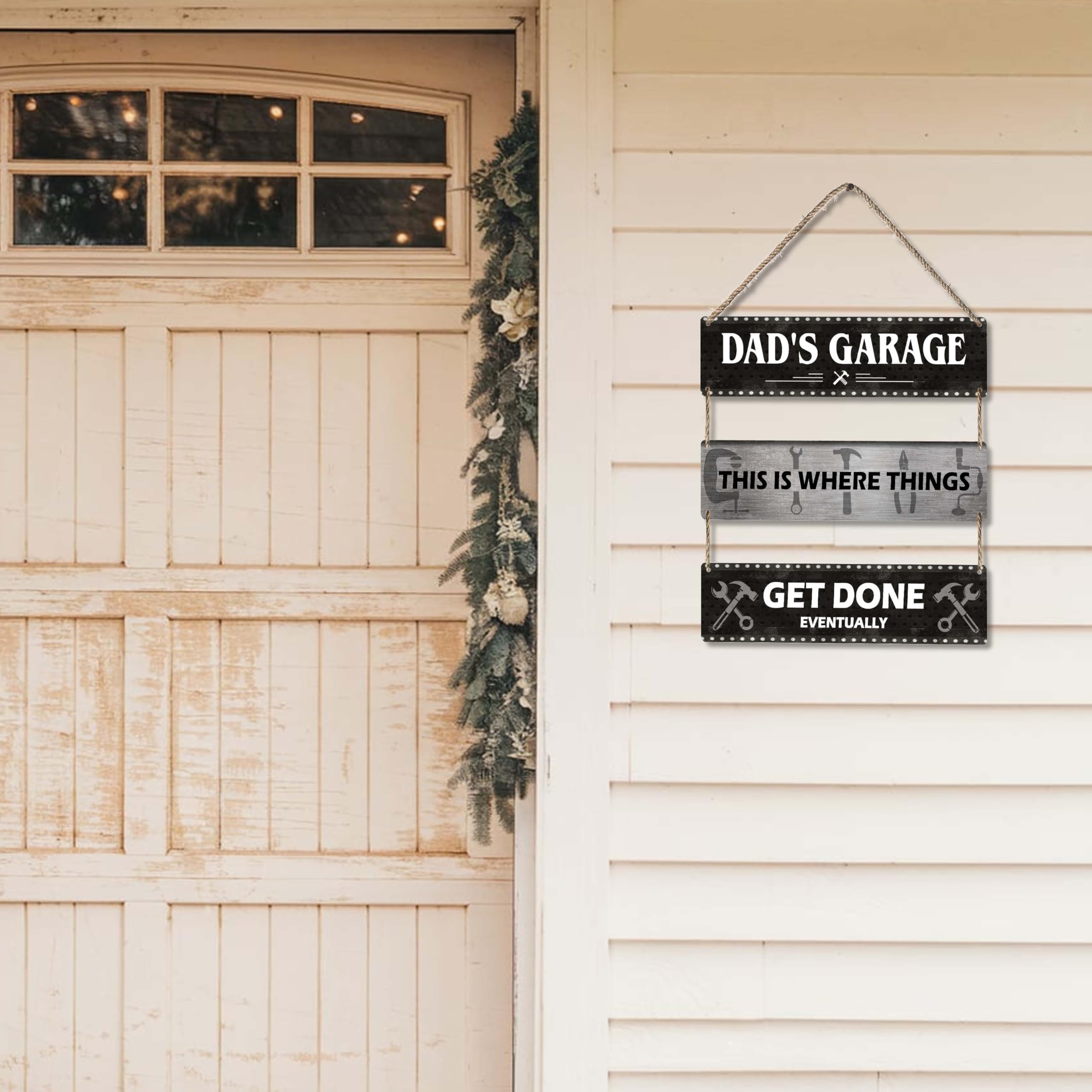 Dad's Garage Wooden Sign, 'This Is Where Things Get Done Eventually' Rustic Plaque 11.8x3.2 Inches Each, Perfect for Father’s Day, Christmas, Birthday, New Home Gifts, or Retirement.(017)