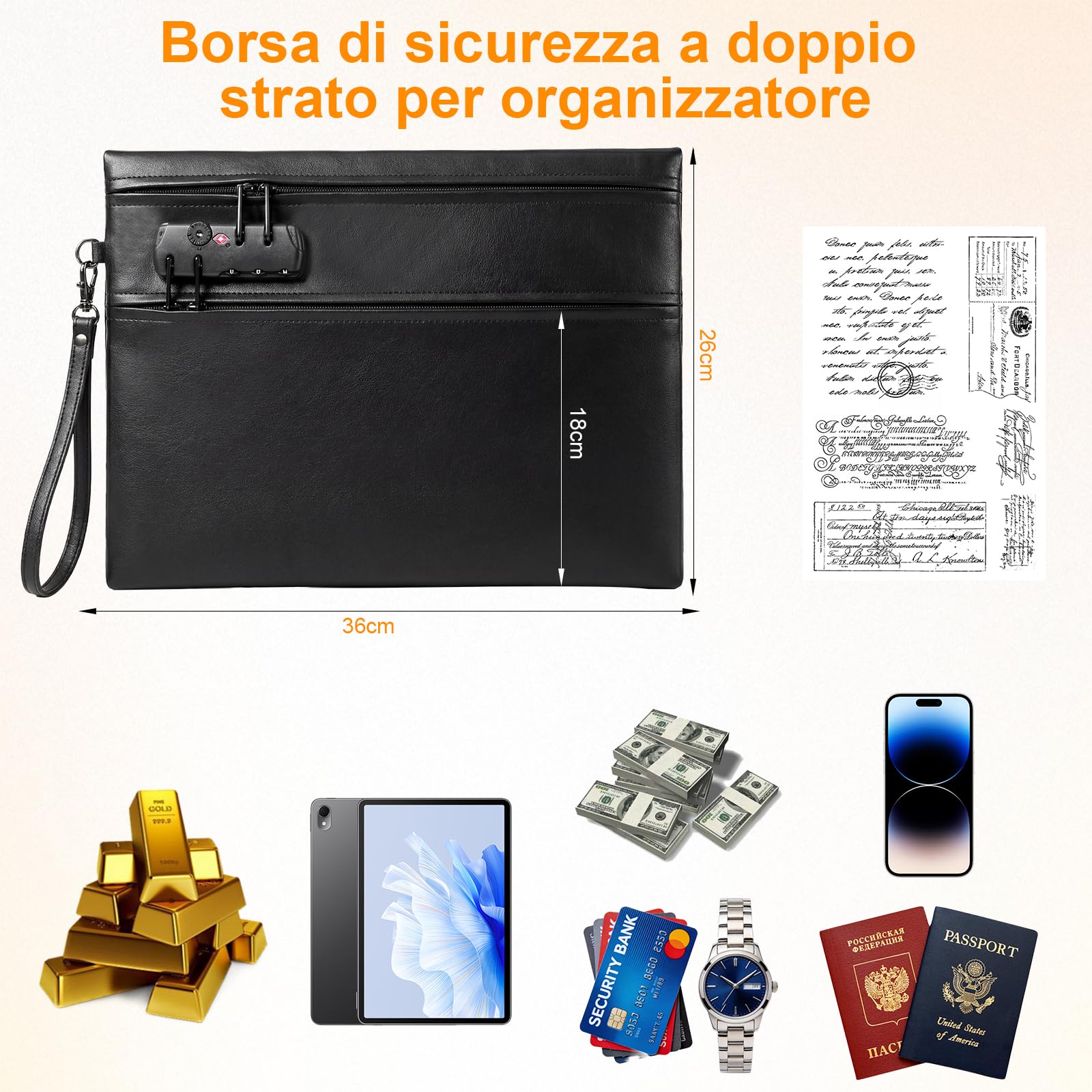 Borsa per Documenti Ignifuga Impermeabile 6400°F con Serratura 12 Strati Valigetta Portatile Anti Fuoco Nero 36x26cm