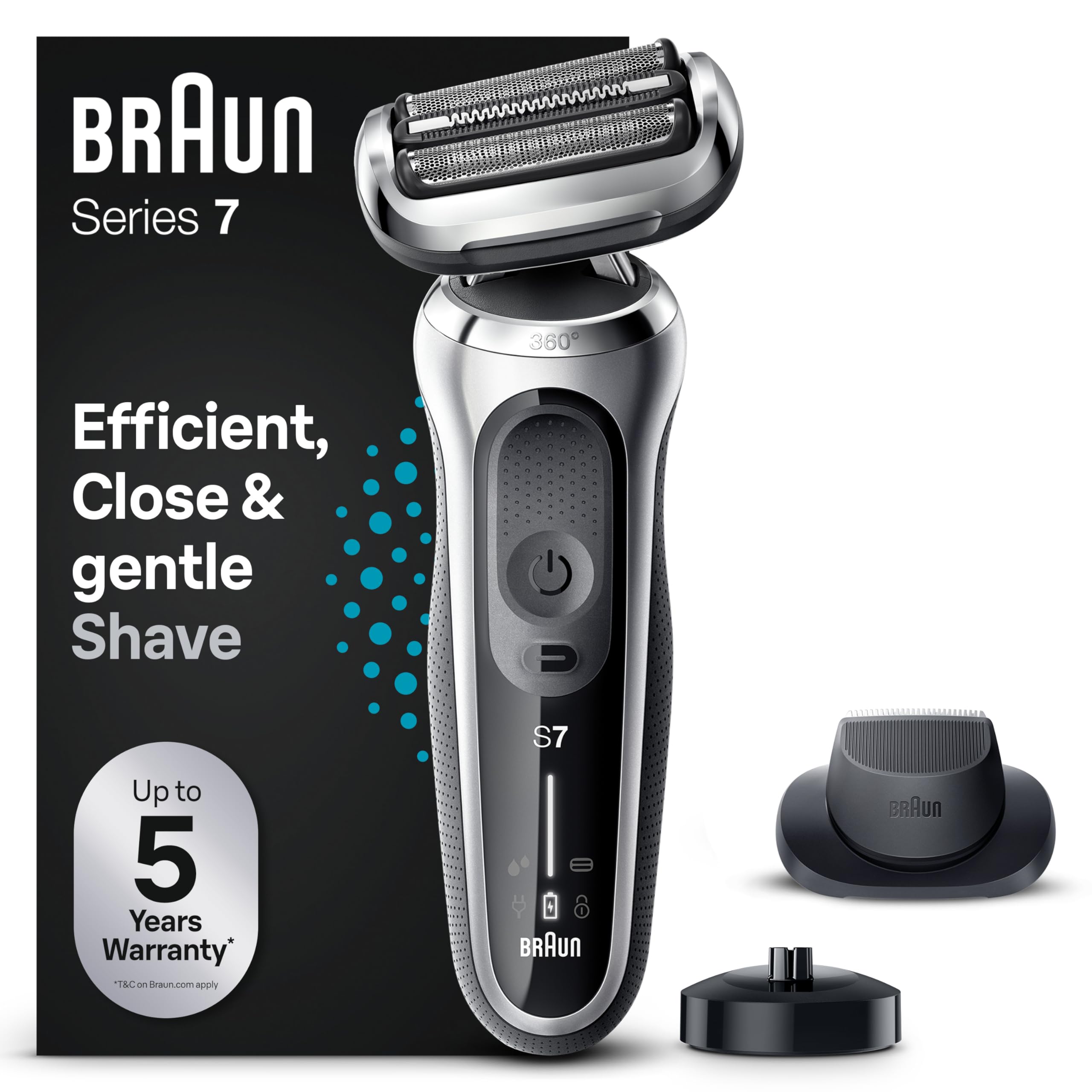 Braun Series 7 Afeitadora Eléctrica Hombre, Máquina de Afeitar Barba con Accesorio de Recortadora de Precisión, Base de Carga, uso en Seco y en Mojado, Recargable, Inalámbrica, 71-S4200cs, Plata