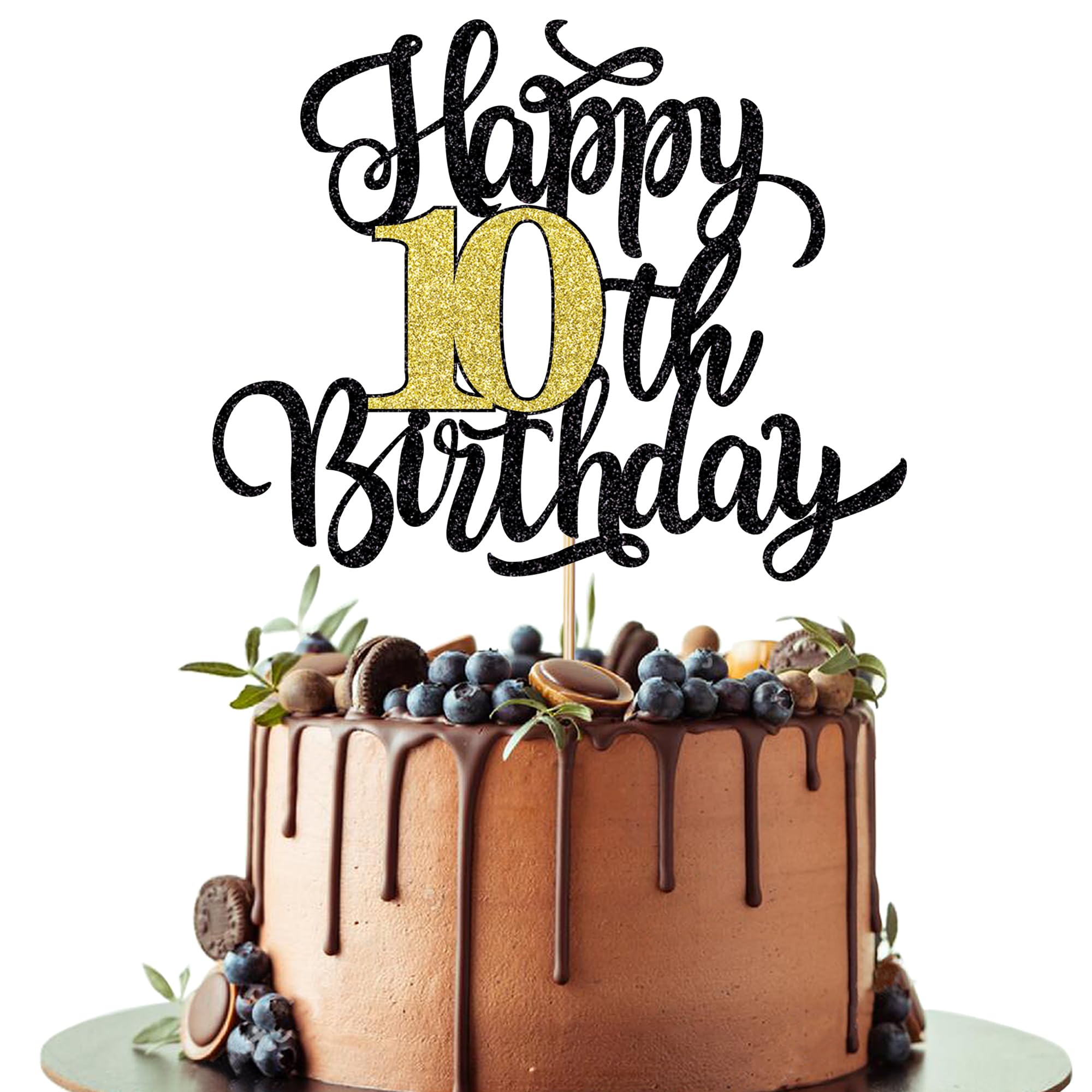 Leetaivie Happy 10th Birthday Cake Topper, Black Gold Glitter Birthday Cake Topper, 10th Anniversary/ 10th Birthday Party Decoration Supplies