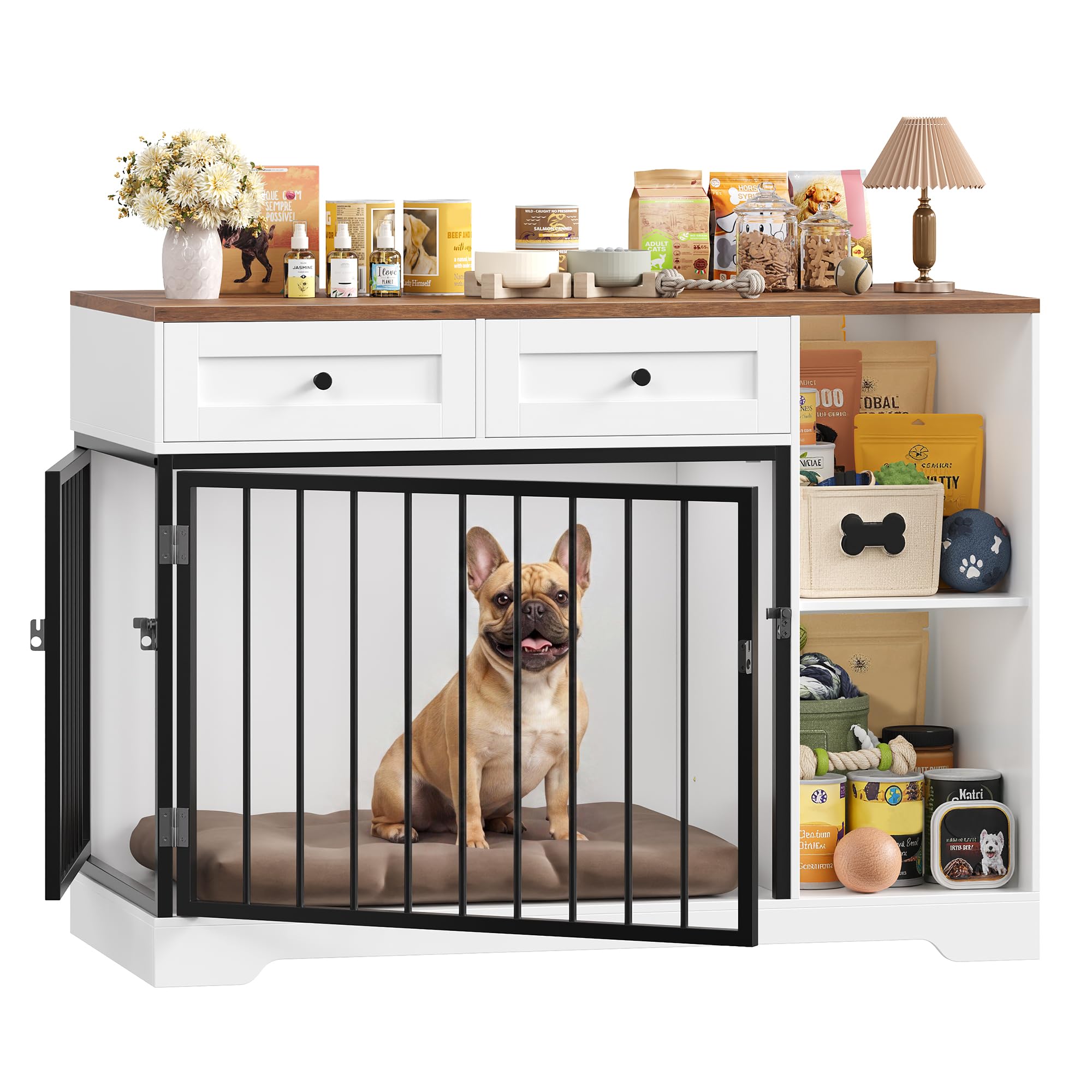FirFurd 120 cm Jaula para Perros, Jaula Perro Grande, Caseta Perro, para Perros Pequeños y Medianos, para Interior, Metal y Madera, con 2 Cajones (Marrón y Blanco)