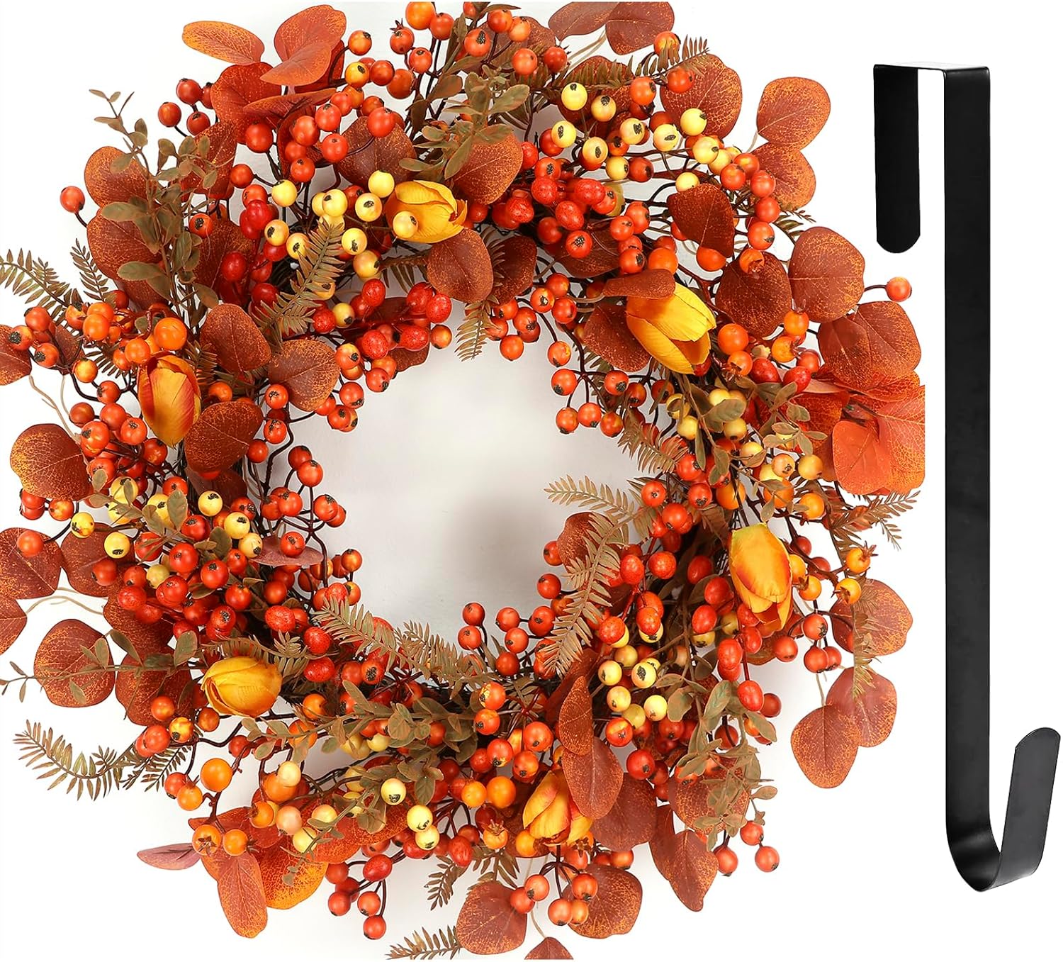 26 Inch Thanksgiving Fall Wreath, Autumn Wreaths for Front Door Fall with Maple Leaves,Oak Leaves,Flowers,and Berries, for Outside Indoor Wall Window Festival Halloween Decor Fall Wreaths