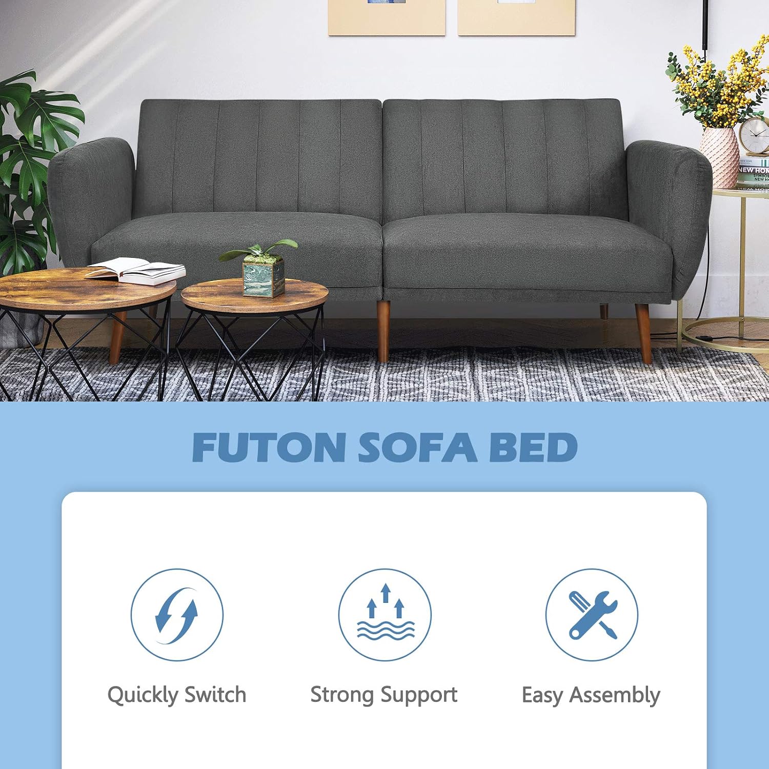 POWERSTONE Futon Sofa Bed - Convertible Sofa Couch Sleeper with Armrest and Wood Legs Foam Cushion Living Room Furniture Home Recliner 82.5”, Grey