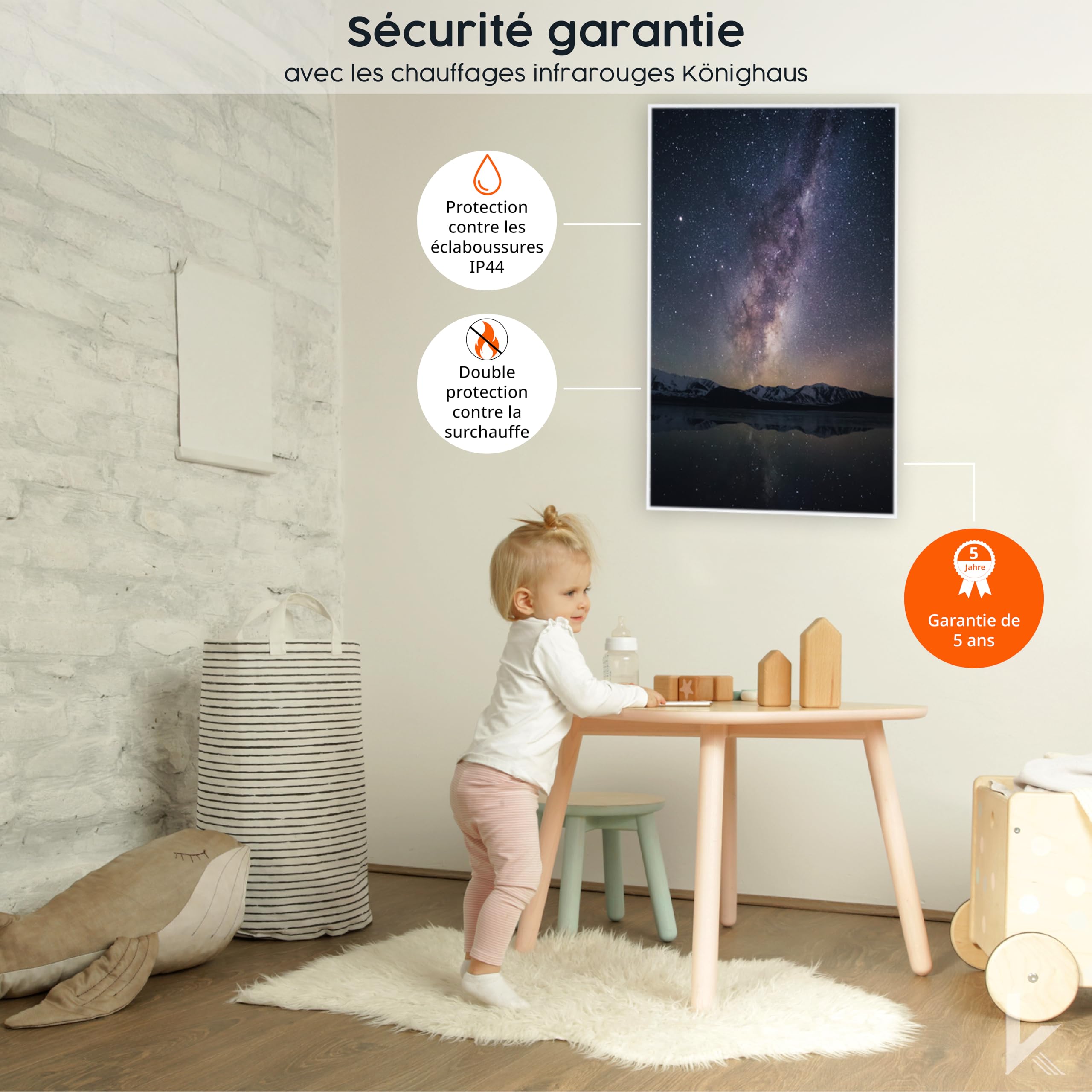 Könighaus Chauffage d’appoint infrarouge avec votre photo, TÜV SÜD & 5 ans de garantie - Made in Germany (Chargez votre motif et rendez la pièce unique) (1200W - cadre blanc) - Thermostat inclus