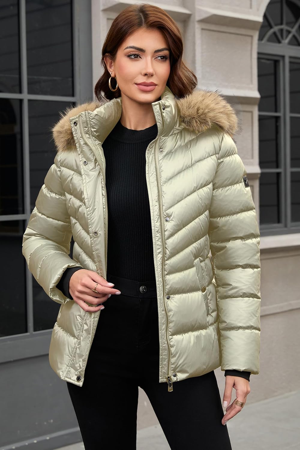 PAPILLON D'OR WEAR YOUR WINGS Women's Shiny Puffer Coat with Detachable Faux Fur Collar & Hood Winter Jacket - Image 3