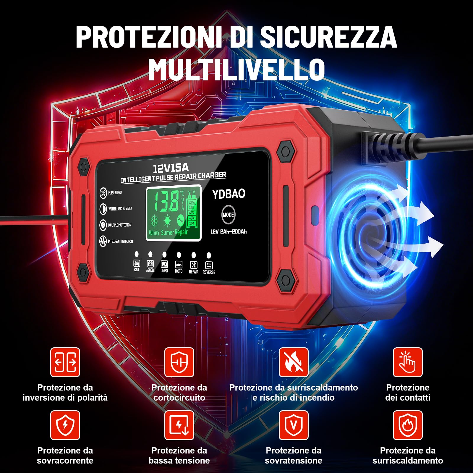 YDBAO 15A Caricabatteria per Auto 12V 15A Caricabatterie Intelligente Completamente Automatico da Auto con Display LCD con Compensazione della Temperatura per Moto Auto Batteria AGM Barche